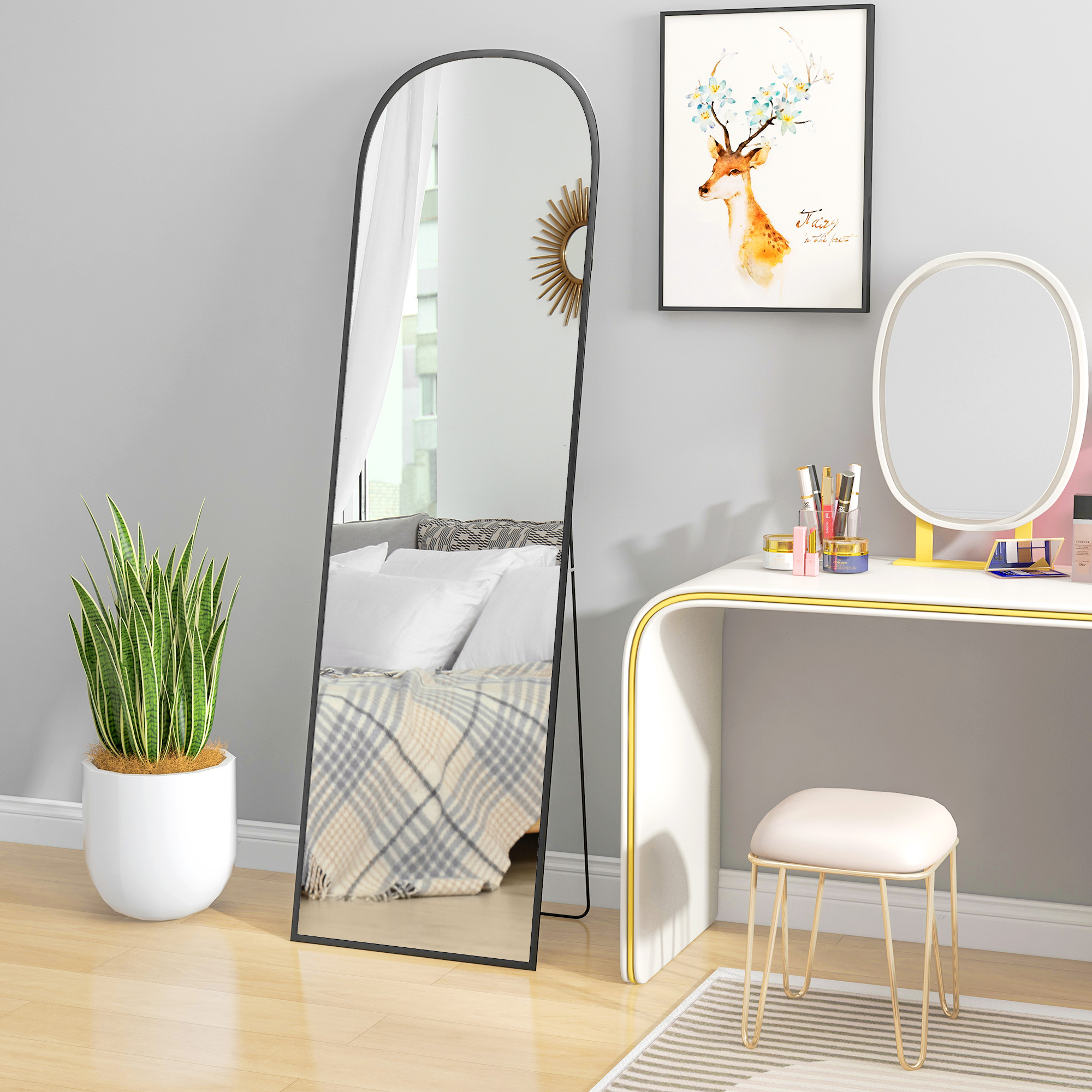 HOMCOM Oglindă Modernă Arc de Podea, 50x170 cm, Oglindă de Perete și de Podea cu Ramă din Aluminiu și Suport, pentru Dormitor, Living și Hol, Negru