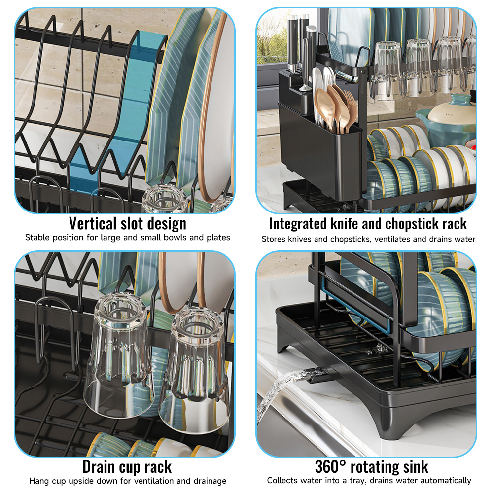 Étagère de Séchage à Vaisselle 2 Niveaux Grande Capacité avec Bac d'Égouttage, Support de Rangement en Acier Carbone pour Bols, Tasses, Planches à Découper, Étagère Multifonctionnelle - Sans Montage Requis, Organisateur de Cuisine
