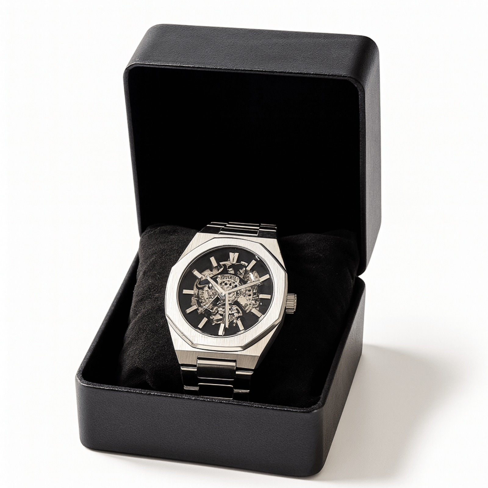 E-shop S& Automatikuhr Mechanische Uhr Skelett Edelstahl (inkl. Uhrenetui, und Armbandkürzer), Automatik Armbanduhr für Herren, Achteckig, Wasserdicht,