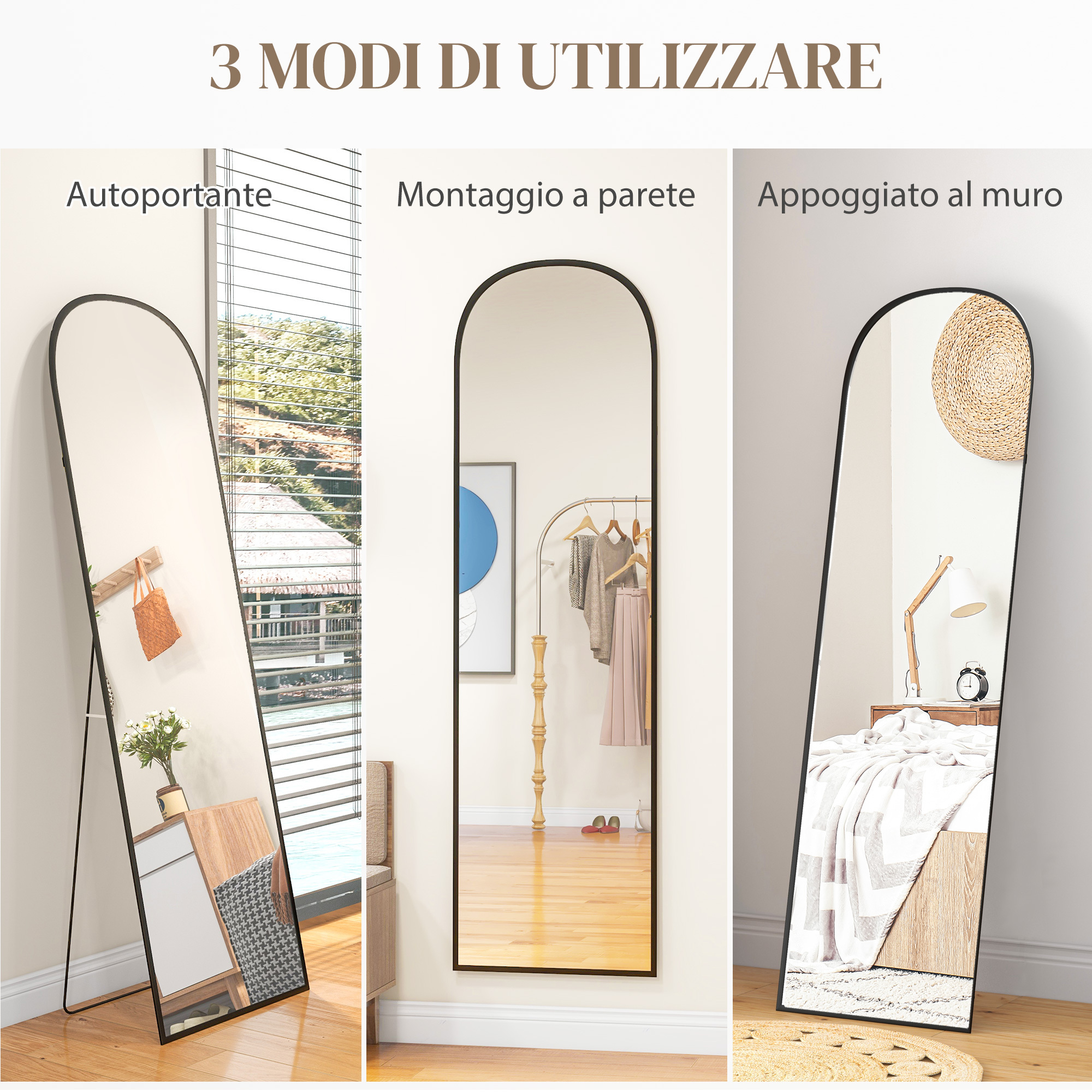 HOMCOM Oglindă Modernă Arc de Podea, 50x170 cm, Oglindă de Perete și de Podea cu Ramă din Aluminiu și Suport, pentru Dormitor, Living și Hol, Negru