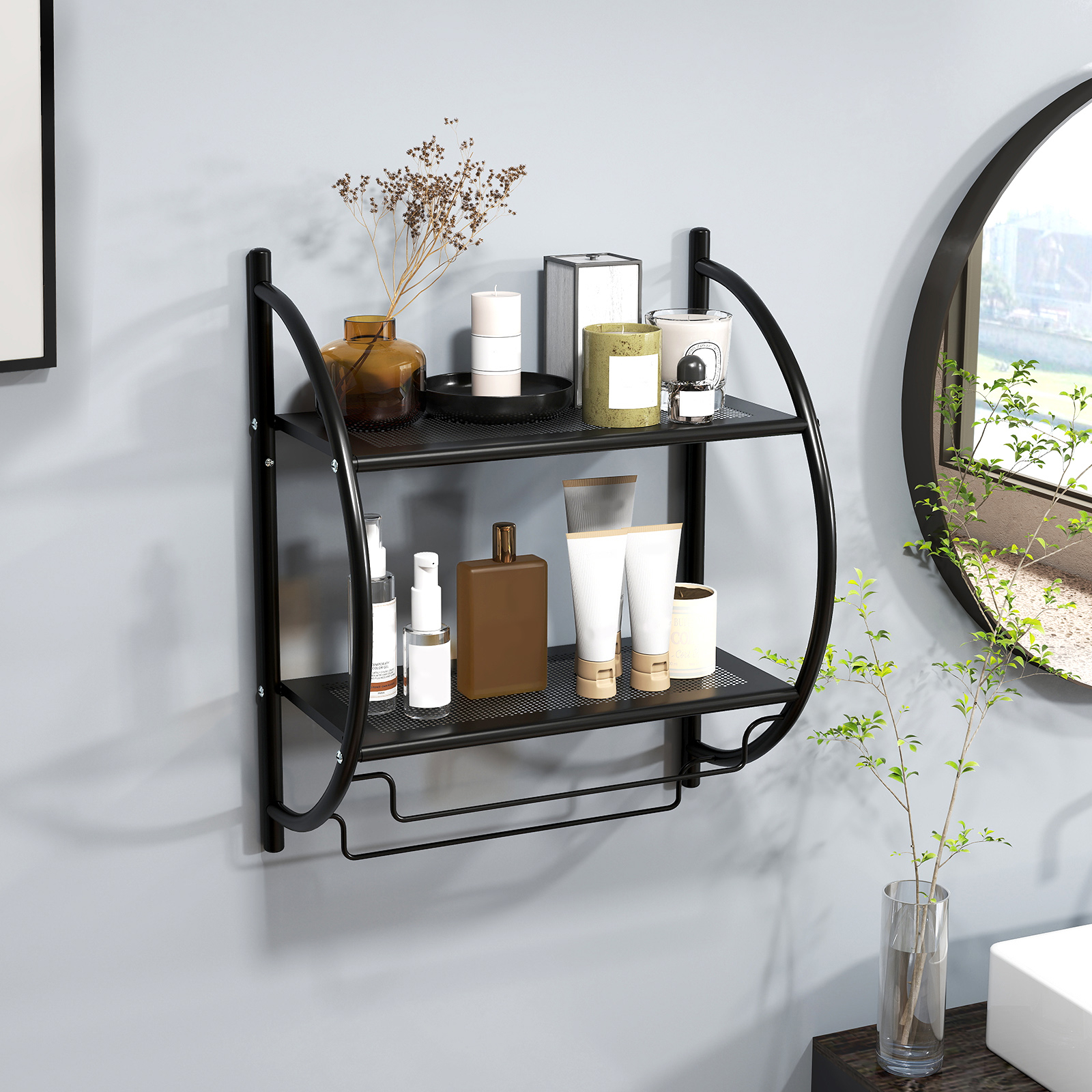 Image of Wall Mounted Bathroom Shelf, 2-tier Bathroom Towel Rack W/ 2 Towel Bars, Rustproof Bathroom Shelves Over Toilet, Multipurpose Storage Shelf For Bathroom, Kitchen, Entryway, Black