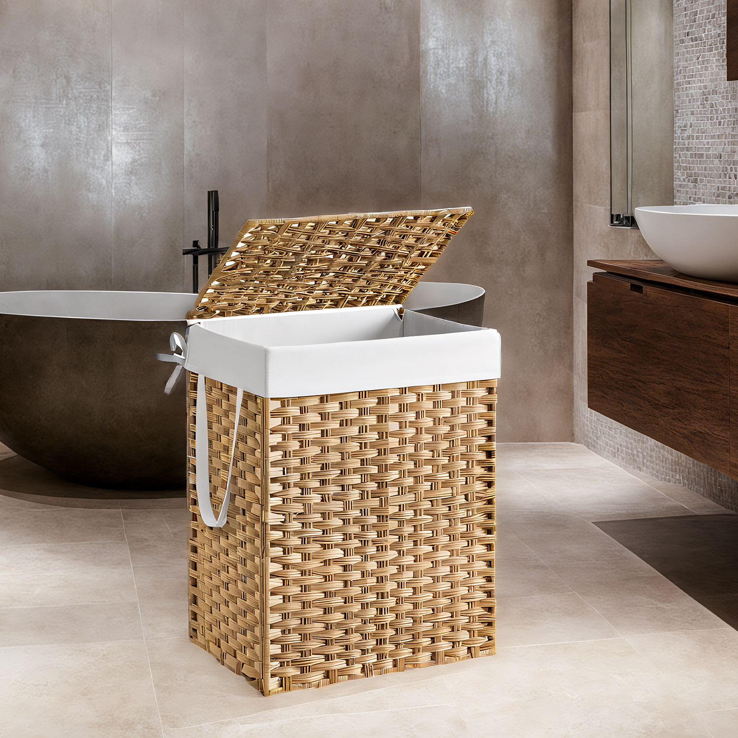 TEMU Panier à linge effet osier avec couvercle, panier de rangement pliable avec doublure en tissu amovible et poignées. Idéal pour les couvertures,