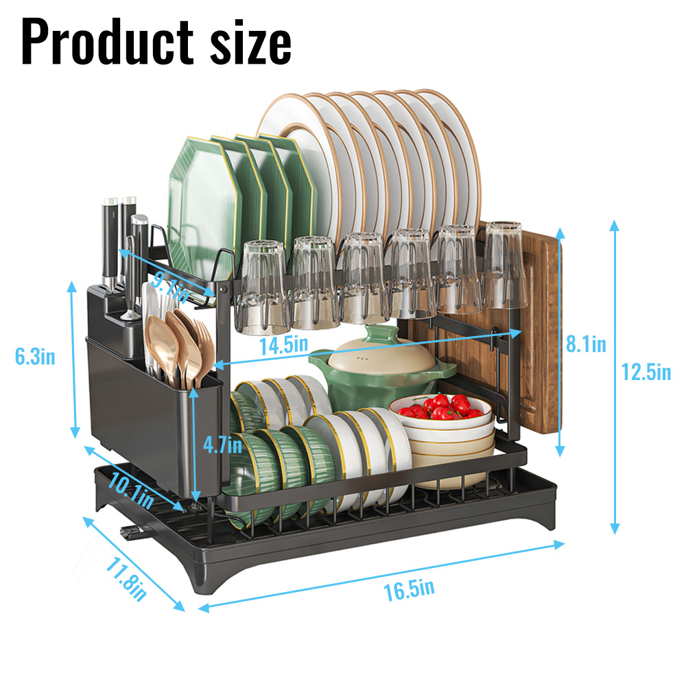 Étagère de Séchage à Vaisselle 2 Niveaux Grande Capacité avec Bac d'Égouttage, Support de Rangement en Acier Carbone pour Bols, Tasses, Planches à Découper, Étagère Multifonctionnelle - Sans Montage Requis, Organisateur de Cuisine