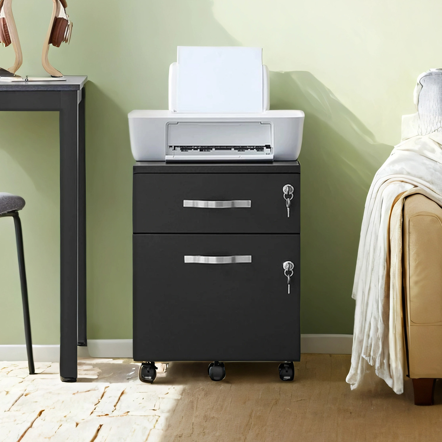 TEMU Caisson de bureau verrouillable avec 2 tiroirs, noir