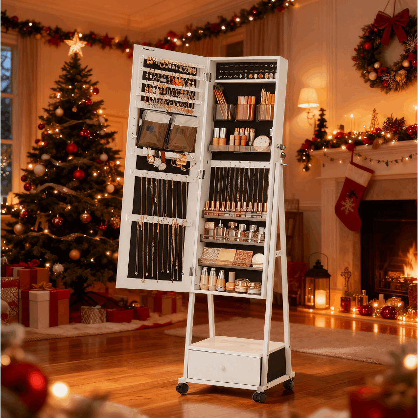 E-shop Standspiegel, Schmuckschrank, Ganzkörperspiegel, Spiegelschrank, abschließbar, mit Schublade, Rollen, Geschenkidee, weihnachten neuheiten，weiß