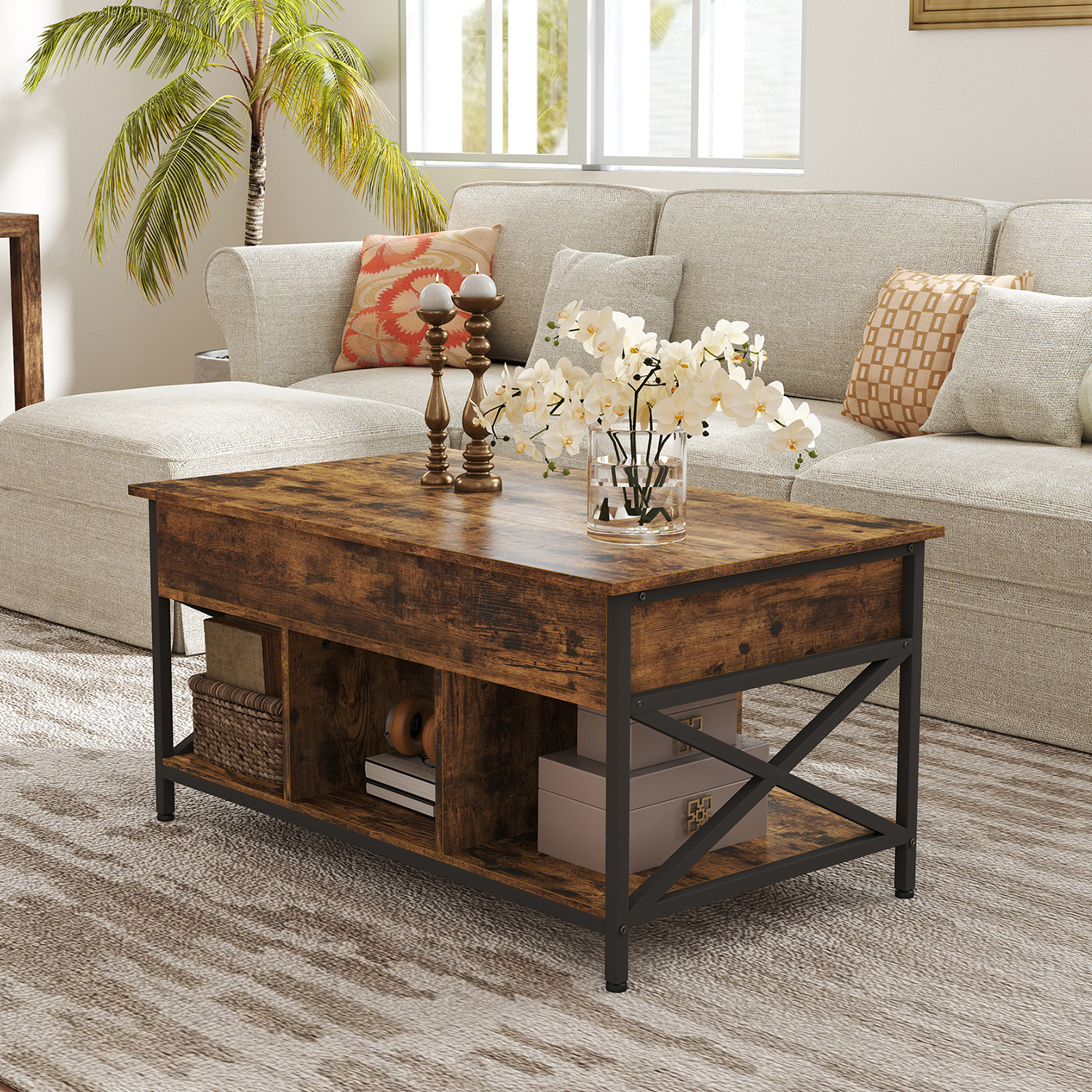 TEMU Table basse en bois de fer, table de salon, avec plateau réglable en hauteur de 1,5 mètre, compartiments de rangement et compartiments