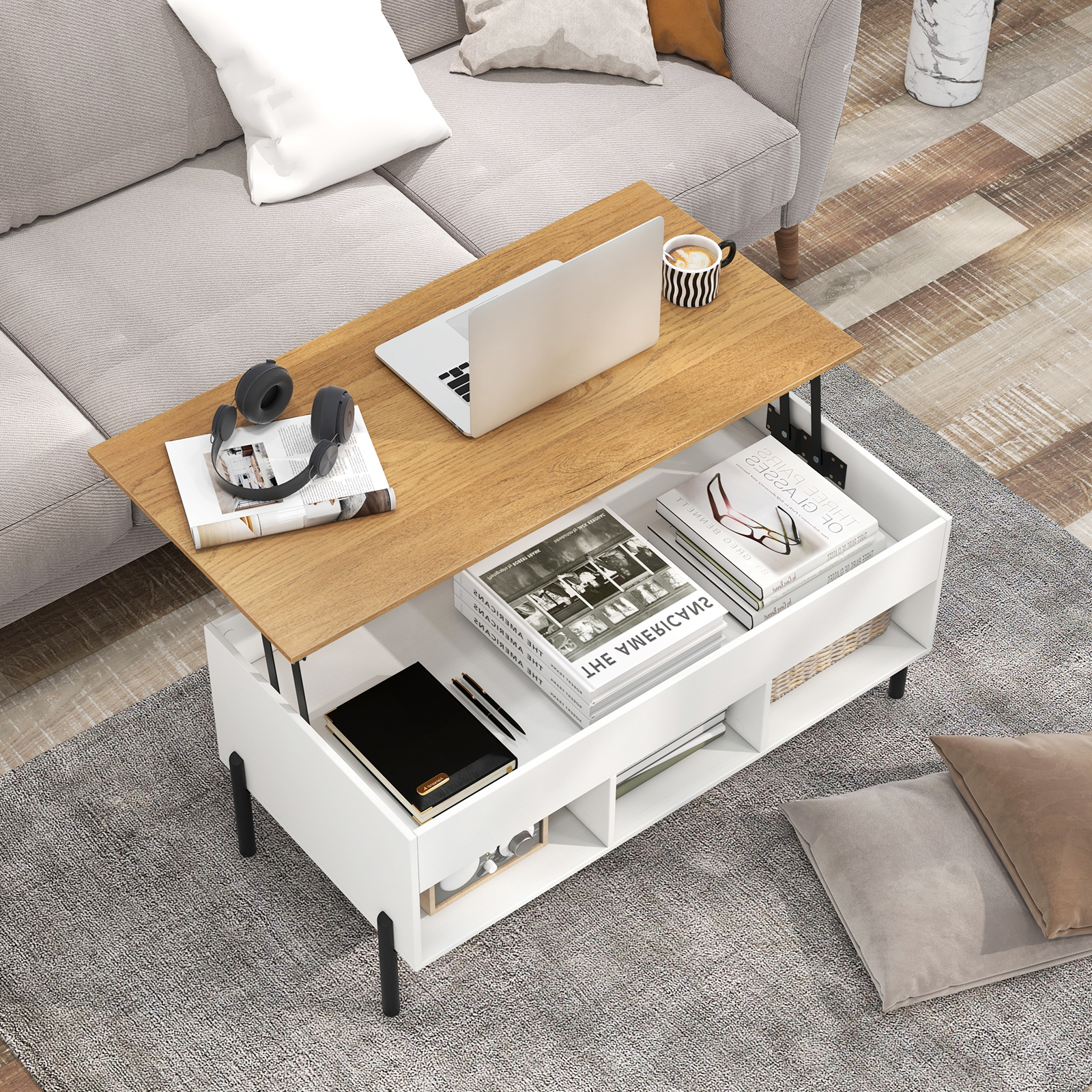 Image of Lift Top Coffee Table, Living Room With Lifting Tabletop, Large Hidden Compartment And 3 Open Cubbies, Cocktail Table With Metal Legs, White