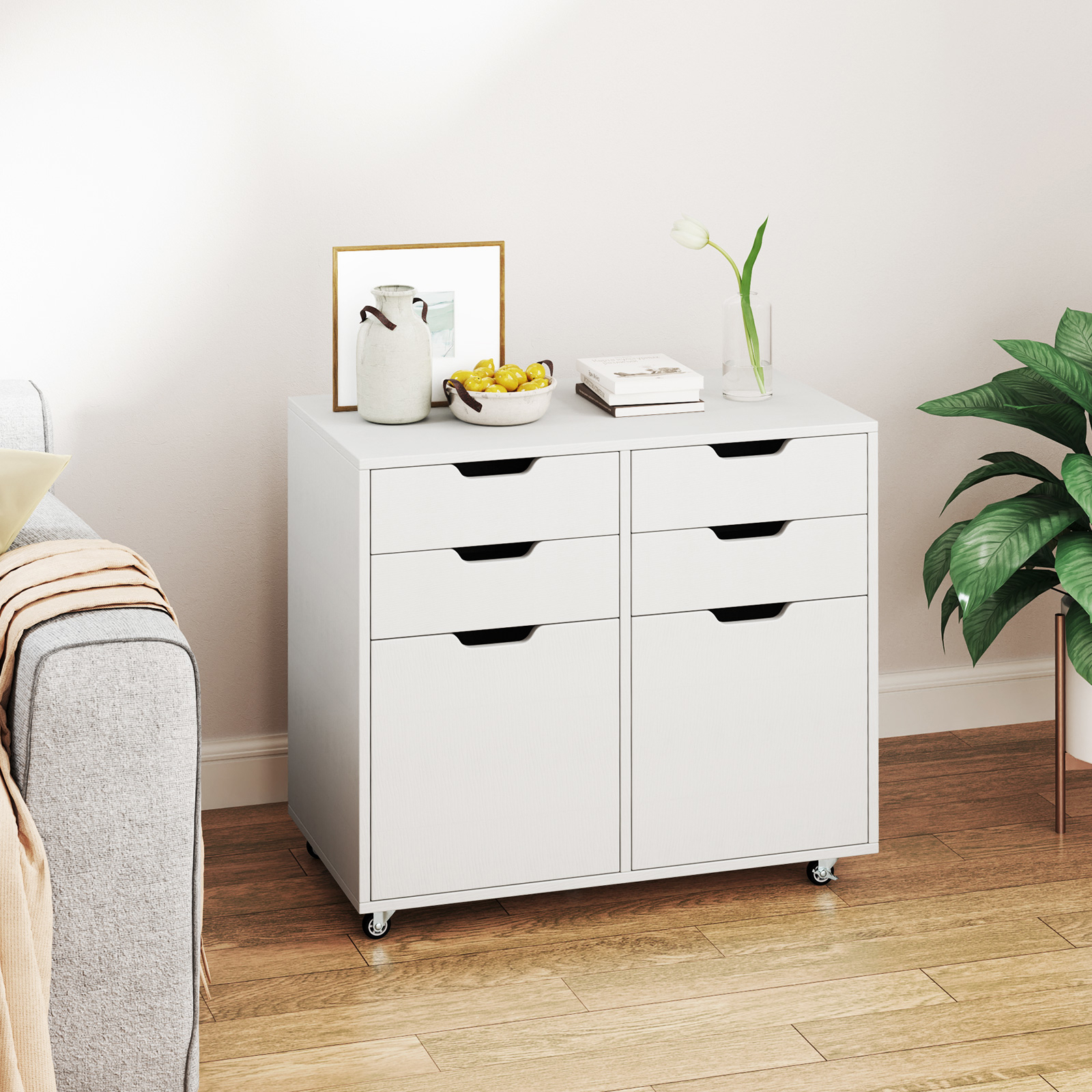 Image of 4-drawer Dresser Chest With 2 Doors, Mobile Wood Storage Cabinet With 5 Universal Wheels, Rolling Printer Stand With Storage For Home Office, Bedroom, Living Room, White