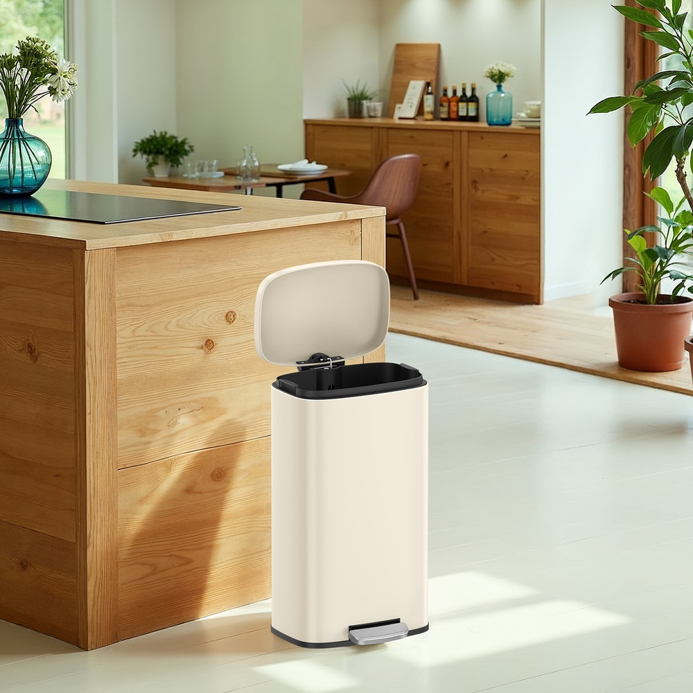 TEMU Poubelle simple, 30L, en acier, durable, avec pédale, fermeture douce, convient pour cuisine, bureau, salon, beige sable