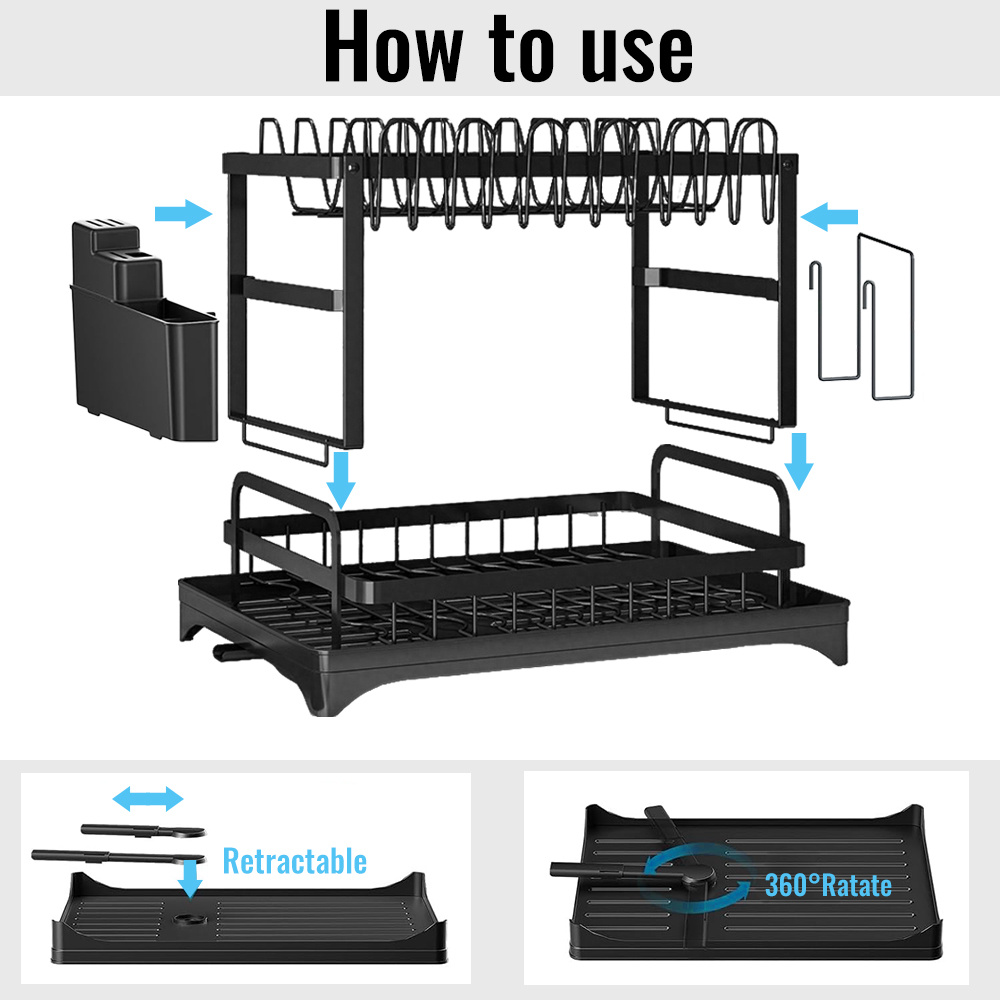 Étagère de Séchage à Vaisselle 2 Niveaux Grande Capacité avec Bac d'Égouttage, Support de Rangement en Acier Carbone pour Bols, Tasses, Planches à Découper, Étagère Multifonctionnelle - Sans Montage Requis, Organisateur de Cuisine
