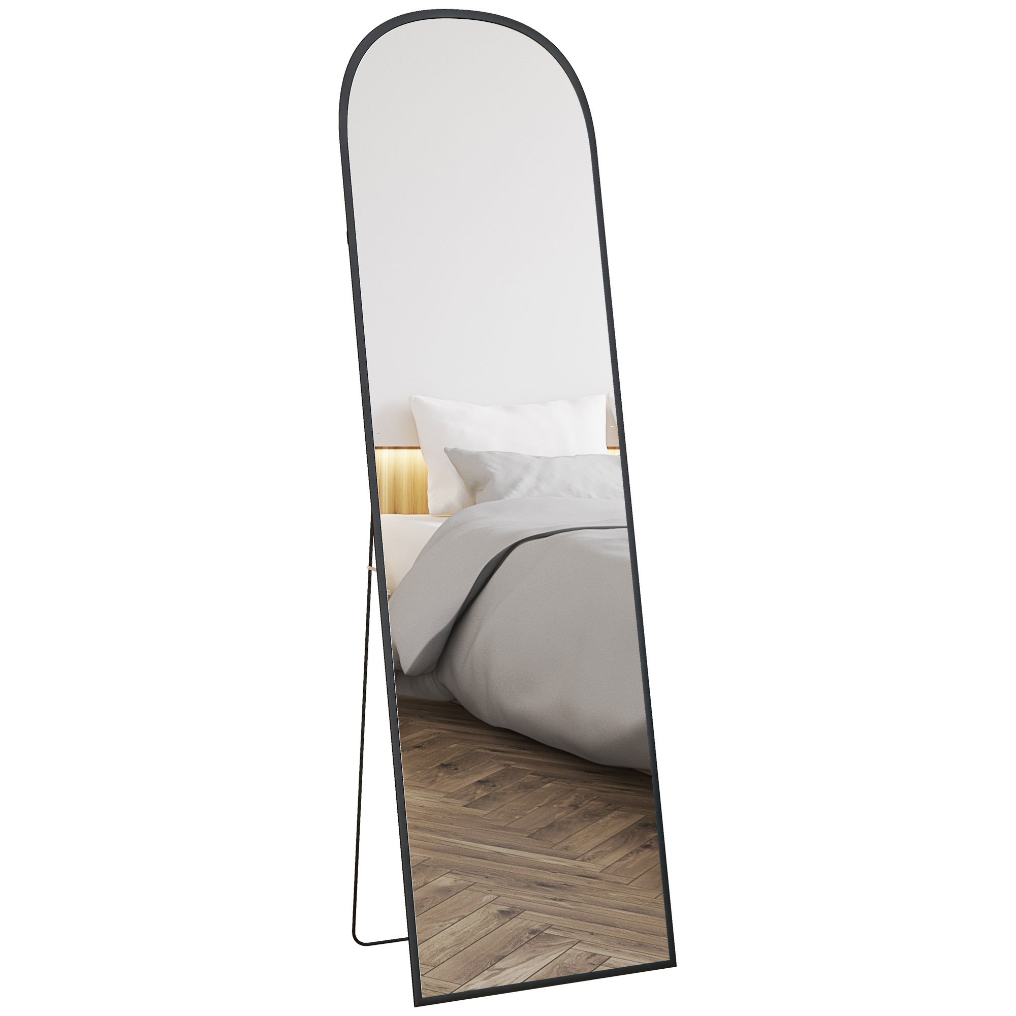 HOMCOM Oglindă Modernă Arc de Podea, 50x170 cm, Oglindă de Perete și de Podea cu Ramă din Aluminiu și Suport, pentru Dormitor, Living și Hol, Negru