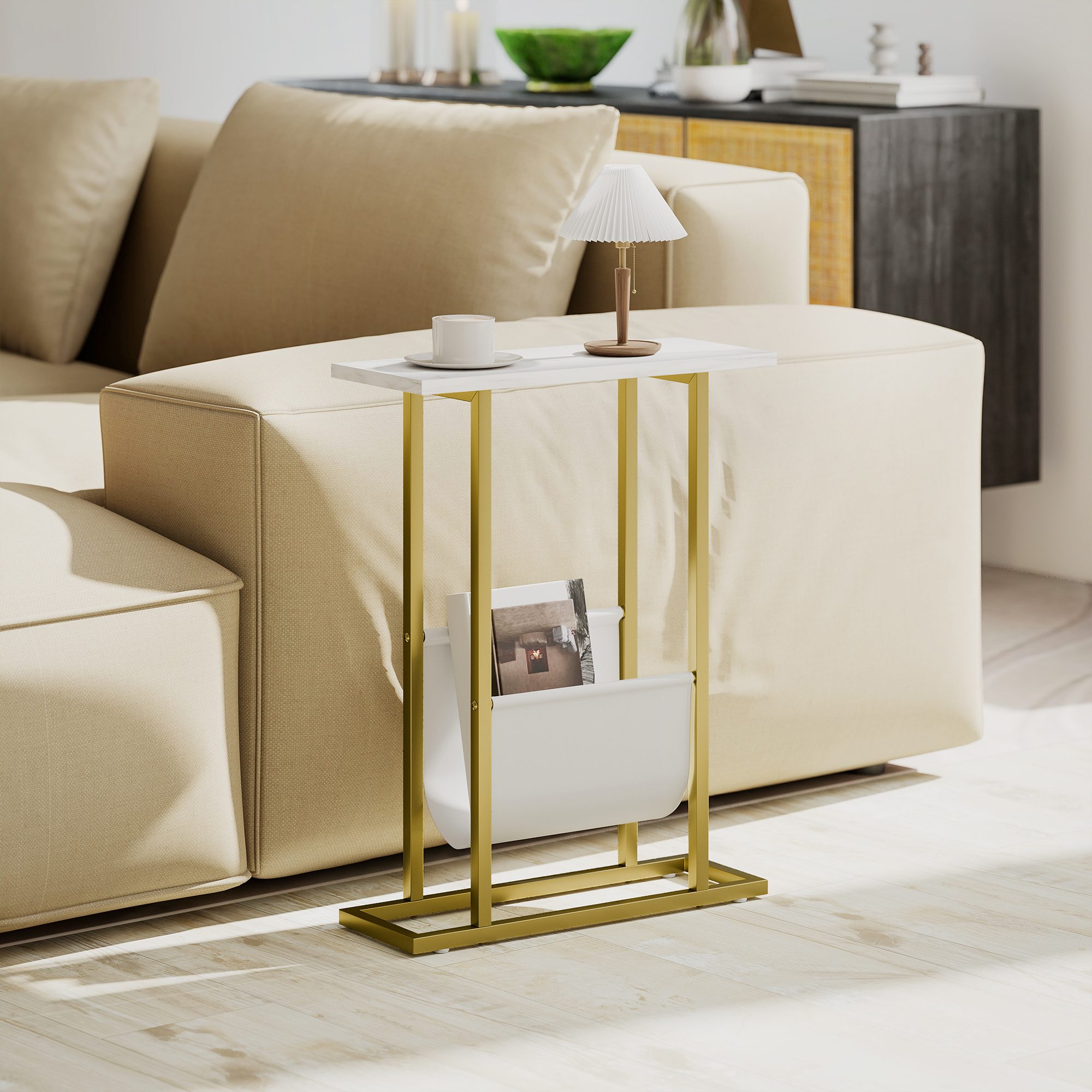 TEMU Narrow Side Table, Slim End Table With Magazine Holder, Modern Nightstand For Small Spaces, Living Room, Bedroom, 45 X 18 X 58.5 Cm, Grain