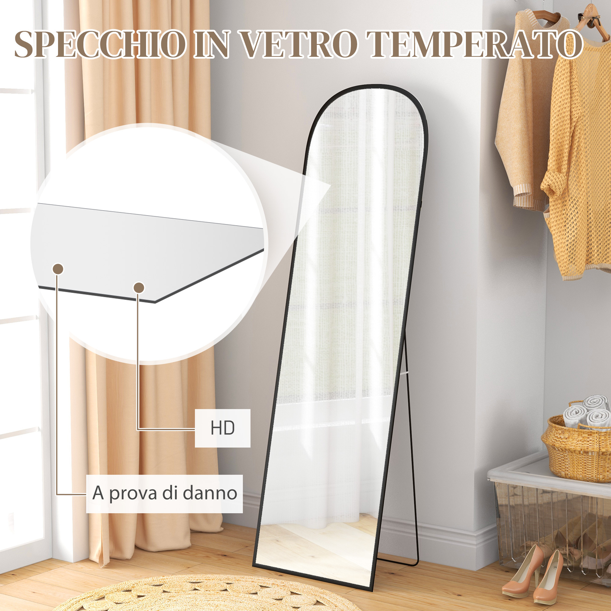 HOMCOM Oglindă Modernă Arc de Podea, 50x170 cm, Oglindă de Perete și de Podea cu Ramă din Aluminiu și Suport, pentru Dormitor, Living și Hol, Negru