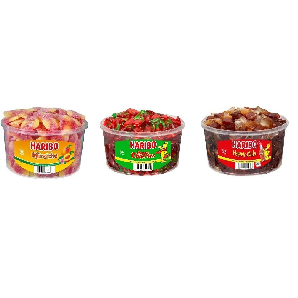 Image of 3 Cans Of Haribo With Gelatin: Happy Cola (1200g), Happy Cherry (1200g), And Peaches (1350g)