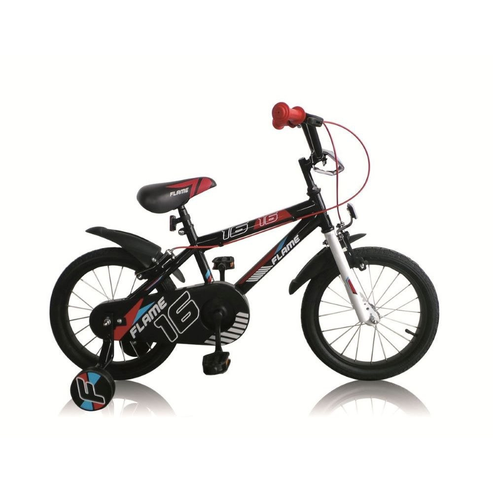 Image of 16-inch Kids' Boys' Bicycle With Rim Brakes, , Mudguards, And Training Wheels - Flame Black Red