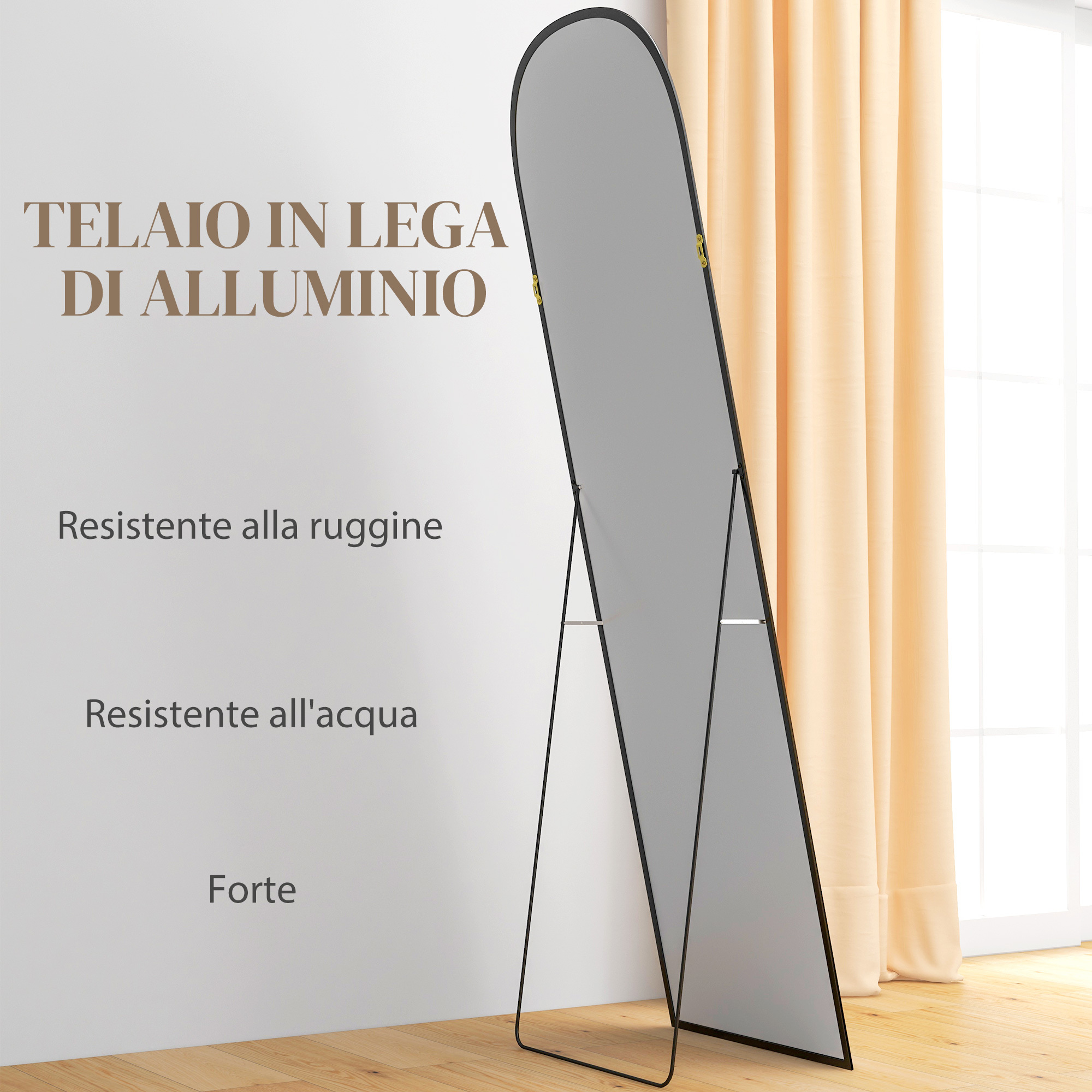 HOMCOM Oglindă Modernă Arc de Podea, 50x170 cm, Oglindă de Perete și de Podea cu Ramă din Aluminiu și Suport, pentru Dormitor, Living și Hol, Negru