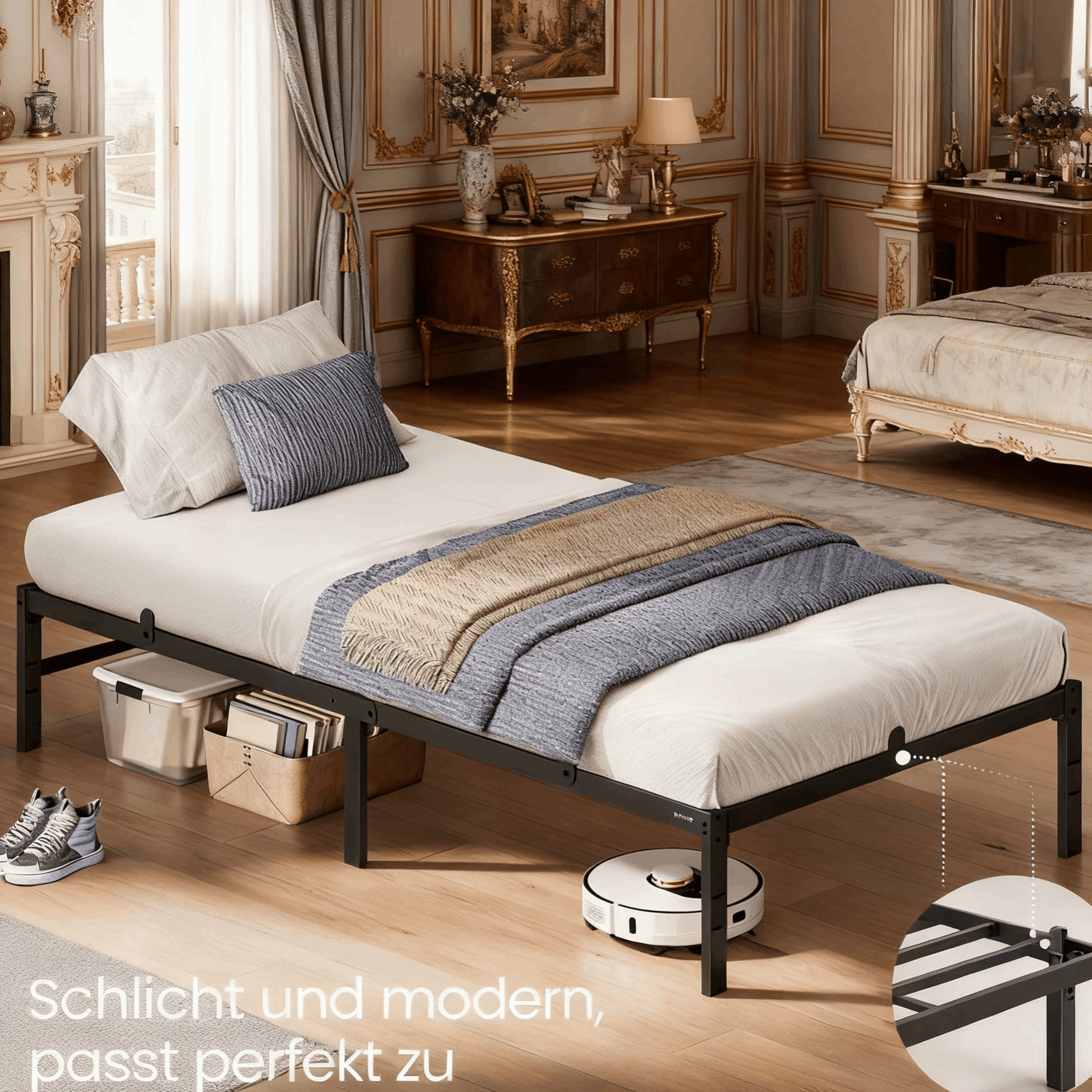 Iron Bed, 90 X 200 Cm, Single Bed Frame, Simple Bed Frame, Metal Bed, Bed Frame, Under-bed Storage, Contemporary Style, Guest Bed, Easy Assembly, Black