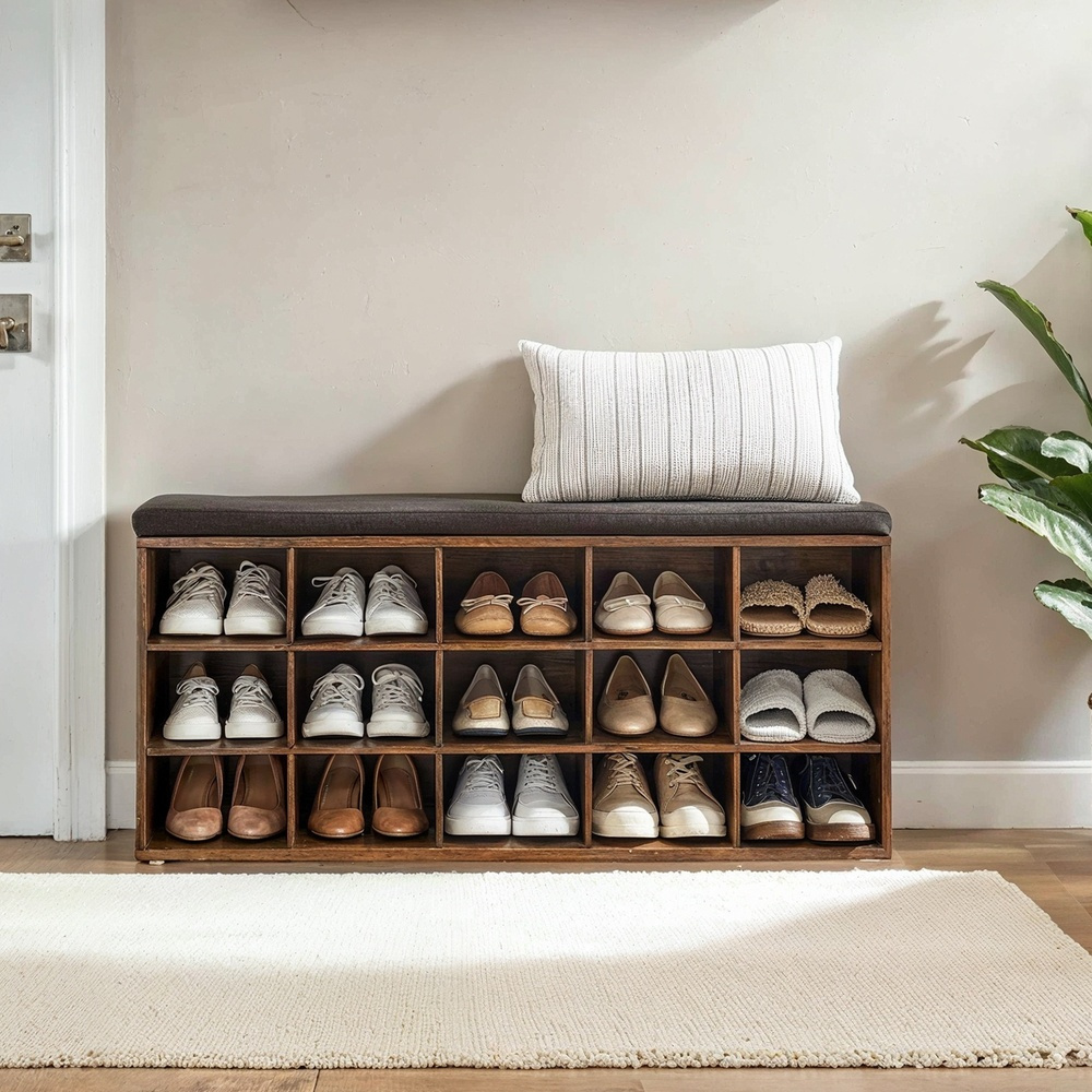 TEMU Banc à Chaussures, Banc de Rangement avec Siège Rembourré, 15 Compartiments, Étagères Réglables, pour Salon, Couloir
