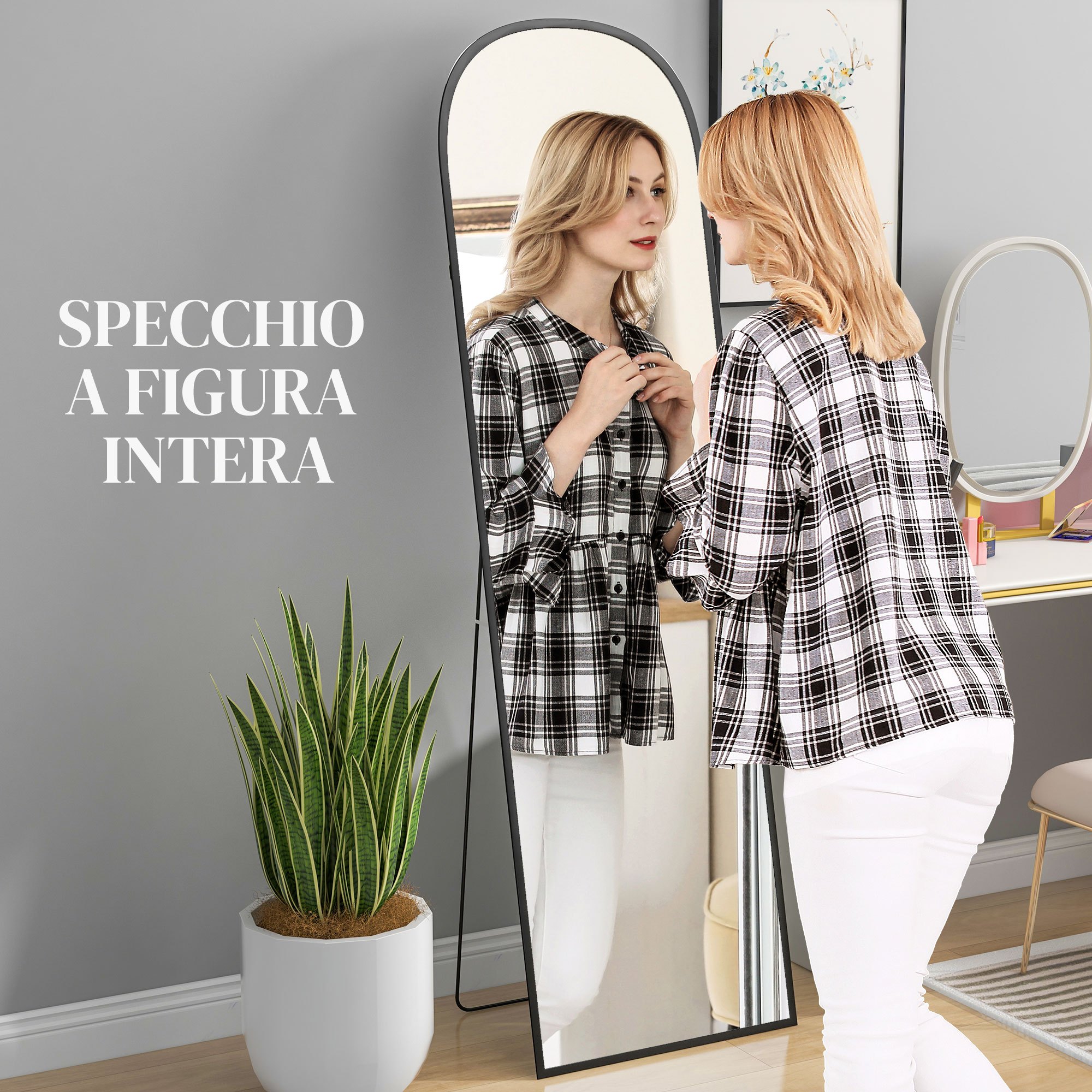 HOMCOM Oglindă Modernă Arc de Podea, 50x170 cm, Oglindă de Perete și de Podea cu Ramă din Aluminiu și Suport, pentru Dormitor, Living și Hol, Negru