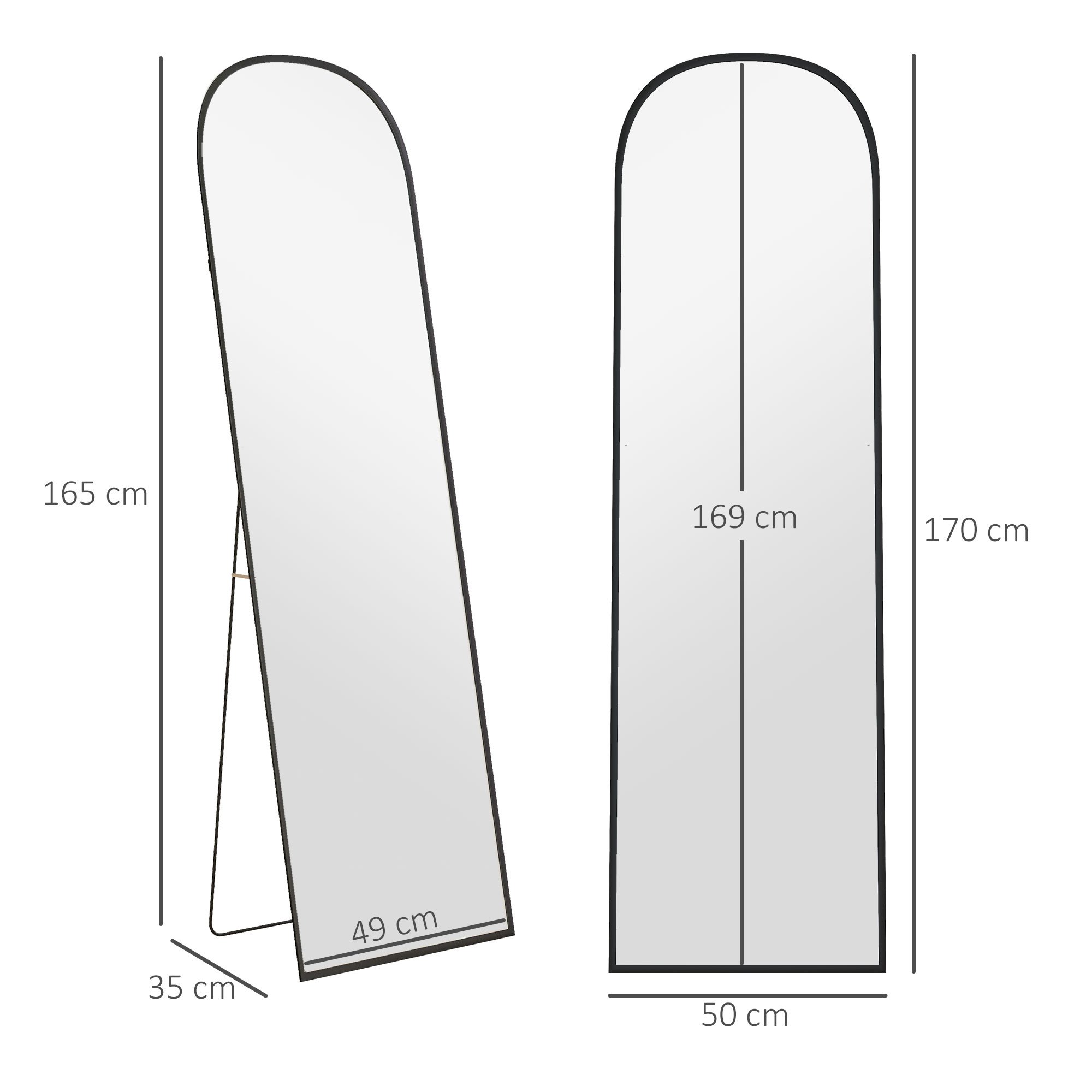 HOMCOM Oglindă Modernă Arc de Podea, 50x170 cm, Oglindă de Perete și de Podea cu Ramă din Aluminiu și Suport, pentru Dormitor, Living și Hol, Negru
