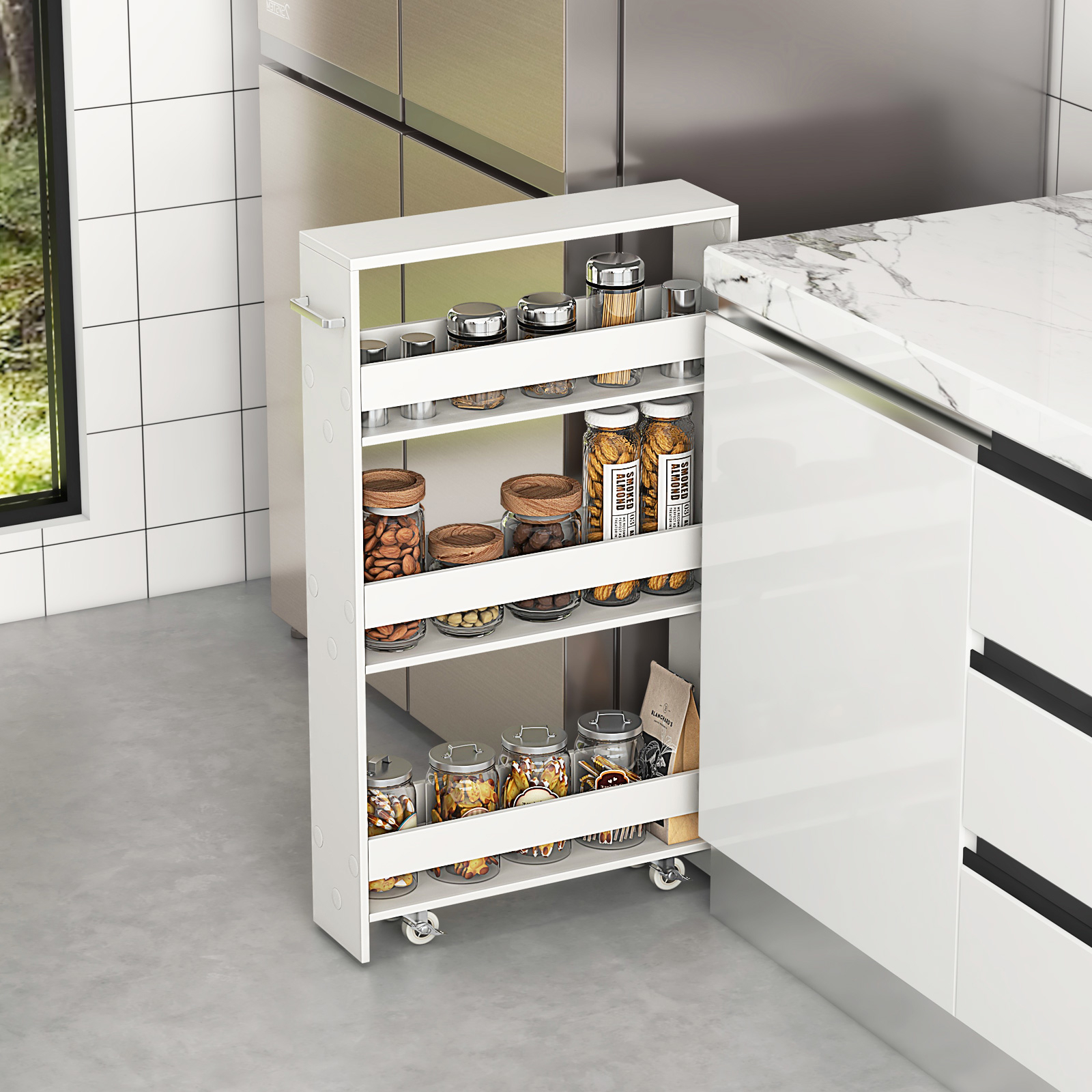 Kitchen Cart, Space- Side Table With Wheels, Open Shelves, Compact Storage Solution For Your Kitchen, White