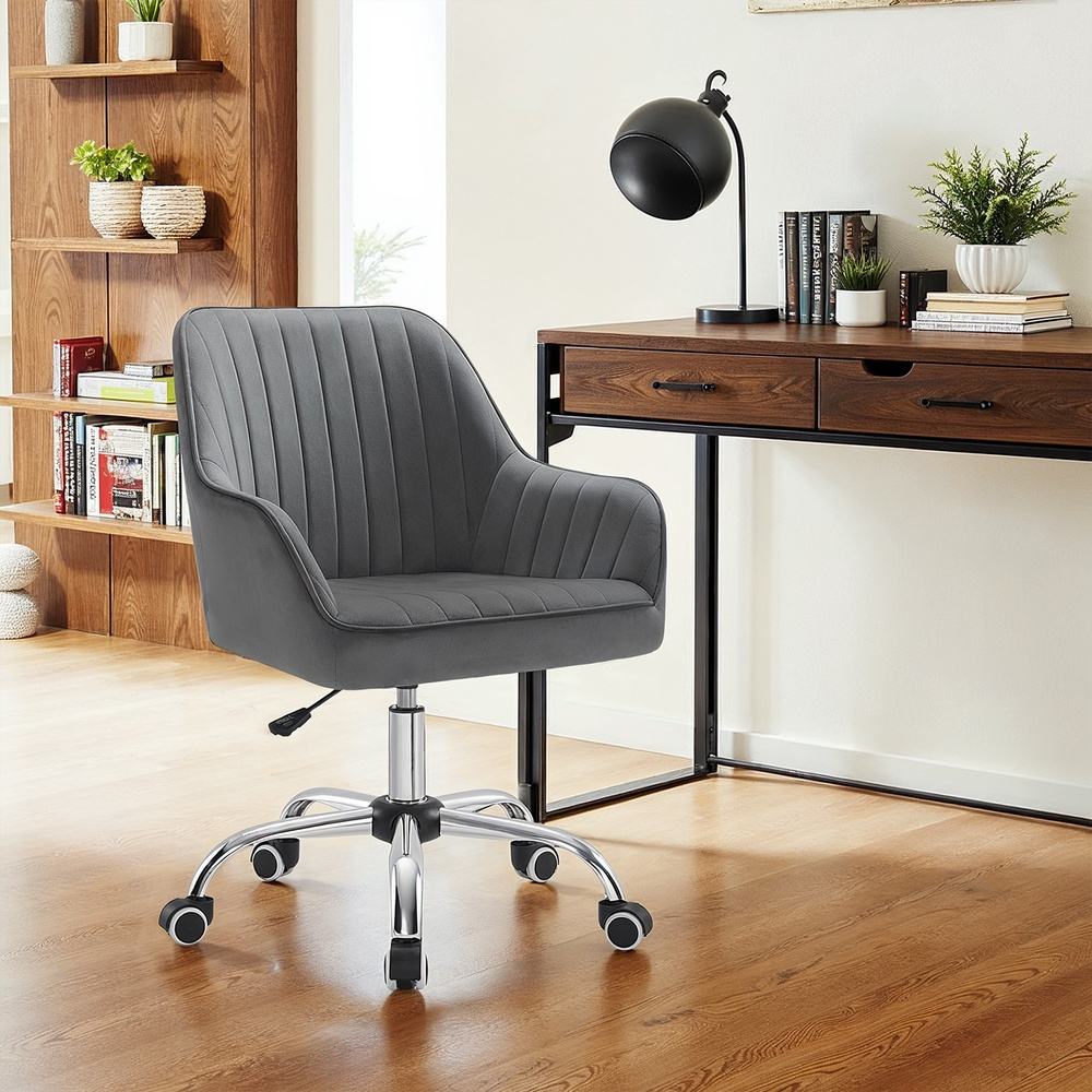 Image of Swivel Office Chair With Velvet Upholstery, Foam Cushioning, Height Adjustable, For Study Room, Bar, Slate Gray