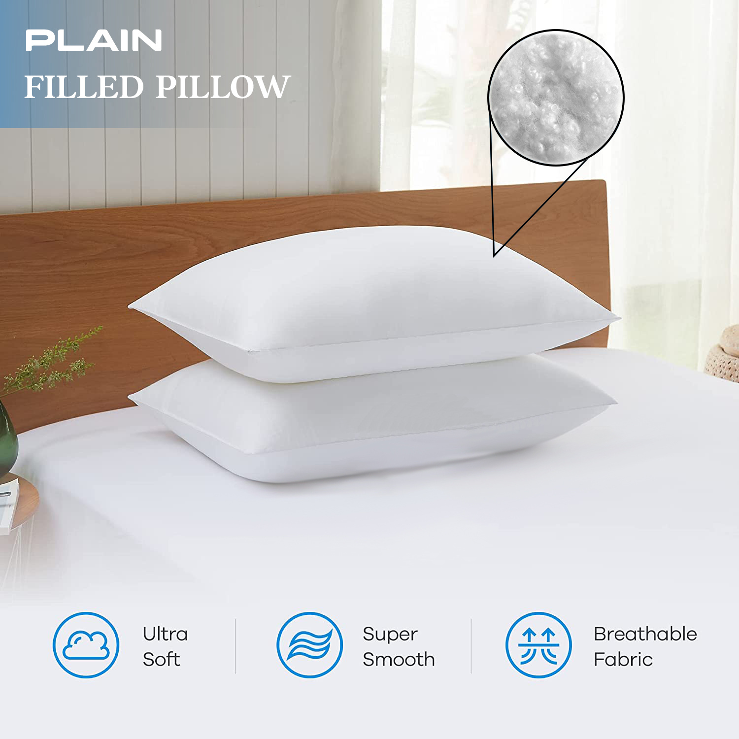 2pcs Plain Filled Pillows – Soft & Breathable, Bounce Back Support Neck Pillow, All-Season Comfort, Machine Washable, Perfect for Home, Living Room & Hotel Use