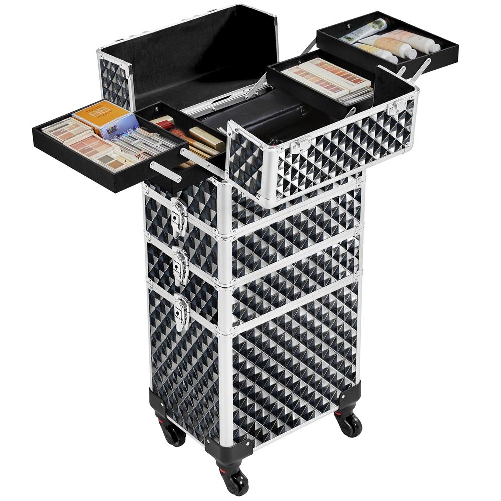 E-shop Costoffs 4-in-1 Kosmetikkoffer mit Rollen Abschließbarer Schminkkoffer Großer Trolley Multikoffer mit Aufbewahrungsschubladen