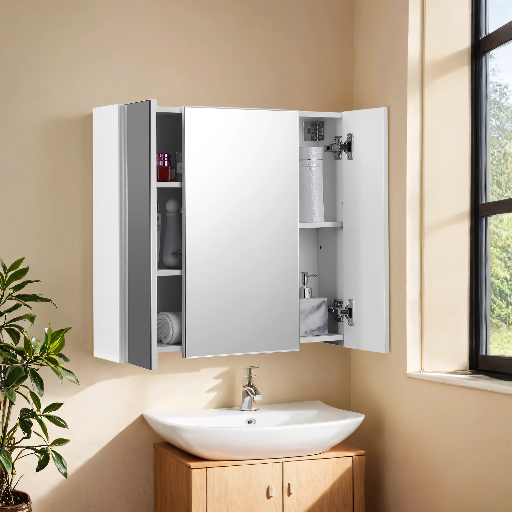 Image of Storage Cabinet, Mirror Cabinet, Bathroom Hanging Cabinet, 3-door, 60 X 15 X 55 Cm, For Bathroom, With Adjustable Shelves, Sturdy And Durable, White