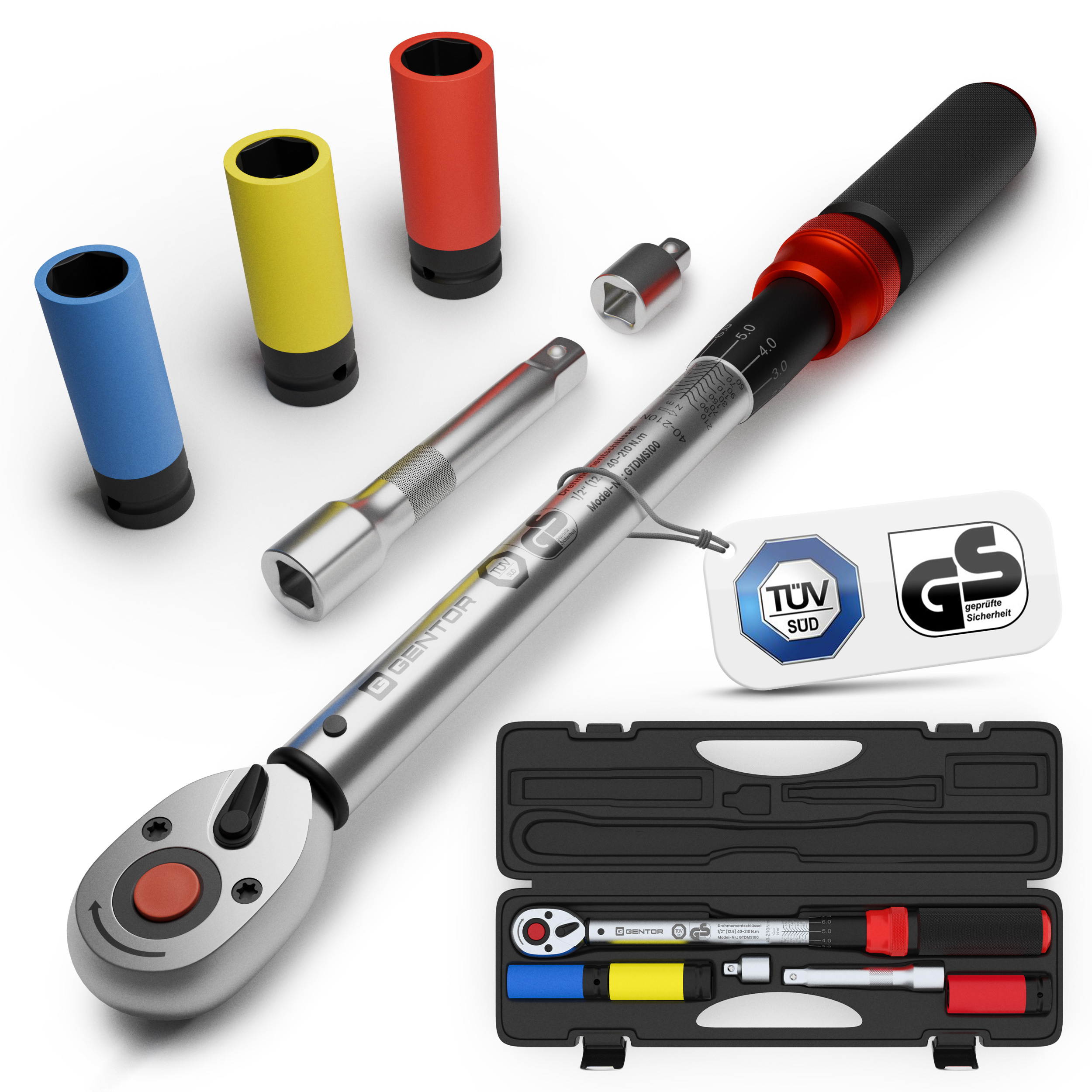 E-shop Drehmomentschlüssel 1/2 Zoll 40–210 Nm – Profi Ratsche mit Klick-Signal – TÜV geprüft – Set mit Nüssen & Koffer für KFZ & Motorrad