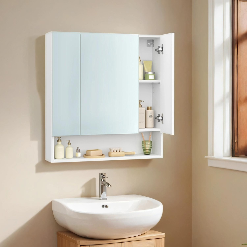 E-shop Badezimmerschrank mit 3 Türen, Badschrank, Spiegelschrank, verstellbare Ablagen, 16,5 x 70 x 75 cm