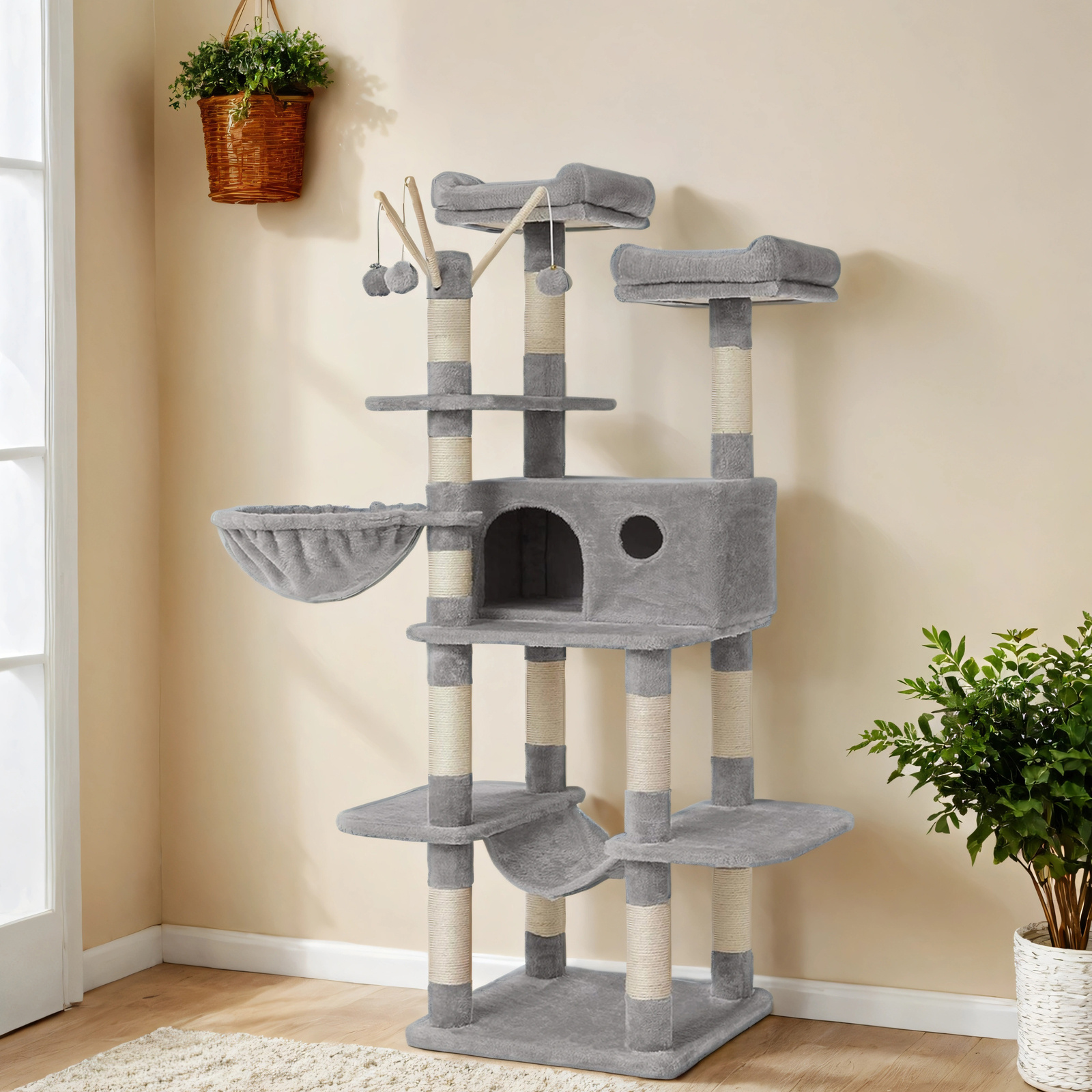 E-shop Kratzbaum, XXL Katzenbaum, Katzenkratzbaum mit Höhle, Hängekorb, Hängematte, hellgrau