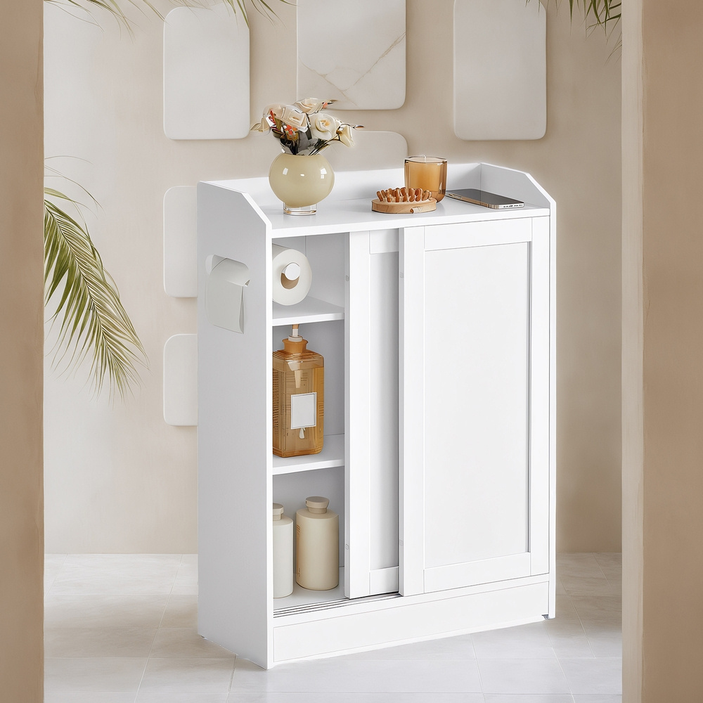Image of Storage Cabinet, Bathroom Cabinet, Space-, With Sliding Doors, Adjustable Shelves, Toilet Paper Holder, Toilet Brush Holder, For Bathroom, Toilet, 20 X 60 X 80 Cm, .