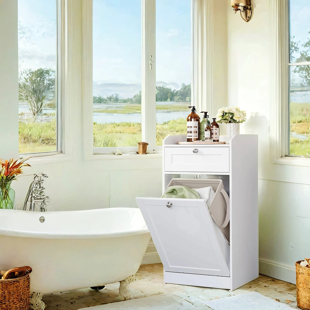 Bathroom Cabinet With Removable Laundry Basket, Drawer, Storage Shelf, Handle, 40 X 40 X 80.2 Cm, White