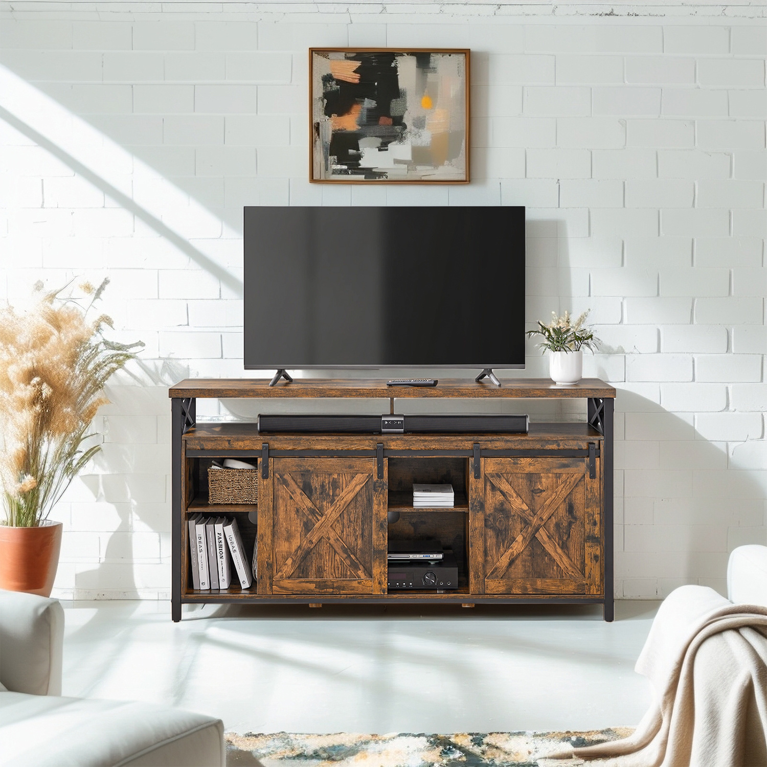 Image of Tv Lowboard, Tv Cabinet For Tvs Up To 65 Inches, With Adjustable Shelves, , Country House Style, Metal Frame, -black