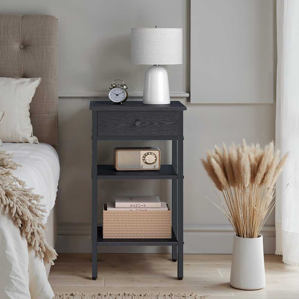 Image of Nightstand, Side Table, Drawer And Open Shelves, 1 Adjustable Shelf, Space-, Adjustable Feet