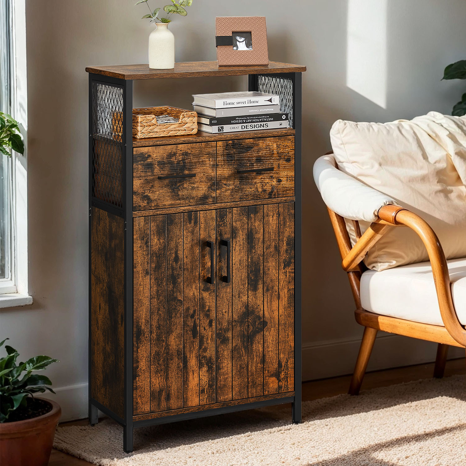 E-shop Badezimmerschrank, Aufbewahrungsschrank, verstellbare Ablage, Industriestil, braun-schwarz