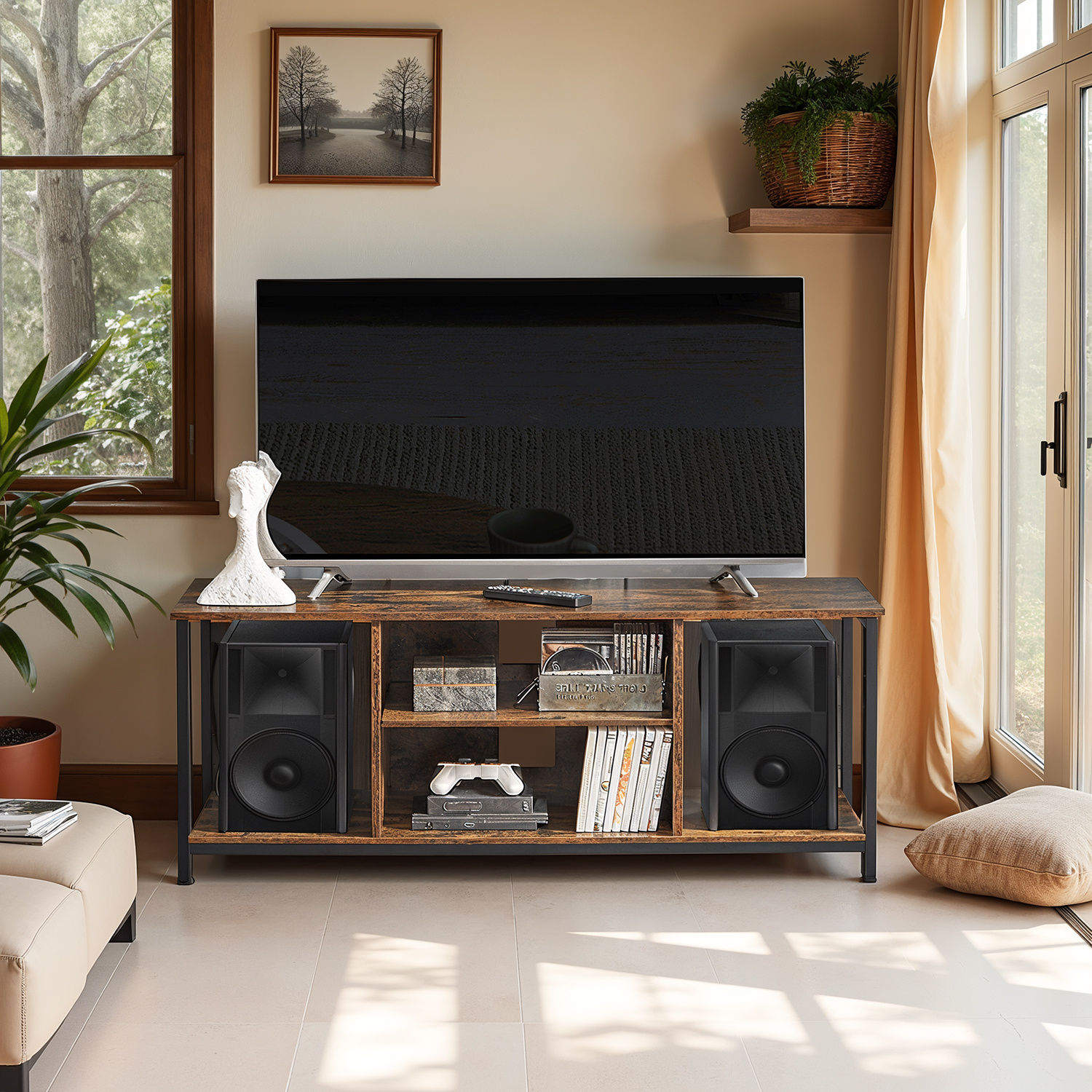 Lowboard With Open Compartments, Tv Stand, Tv Table, V-cabinet, For Tvs Up To 55 Inches, , For Living Room, Entertainment Room, -black