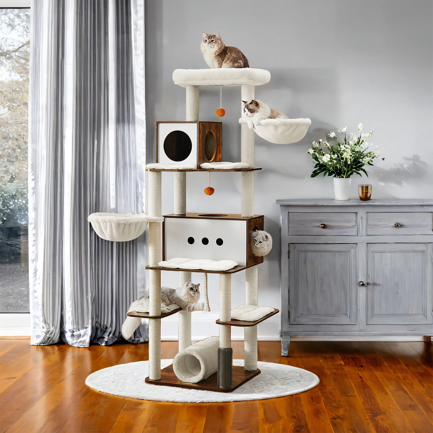 Scratching Post, Tree, Scratching Tree, Modern, Multi-level House With 2 Caves, 2 Lying , .