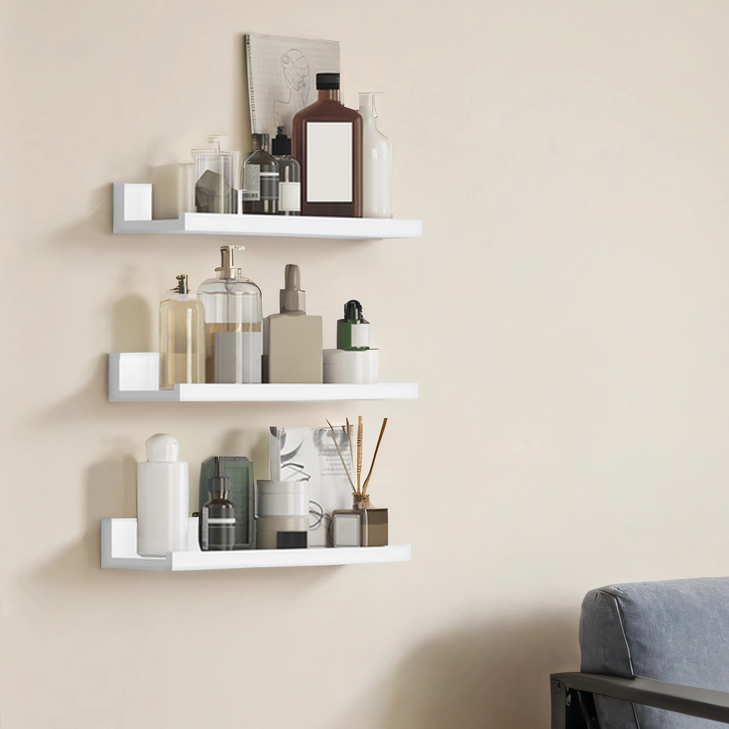 Image of 3-piece Floating Shelf Set For Photo Frames And Decor, Wall Shelf For Living Room, Office, Bathroom, Kitchen, White
