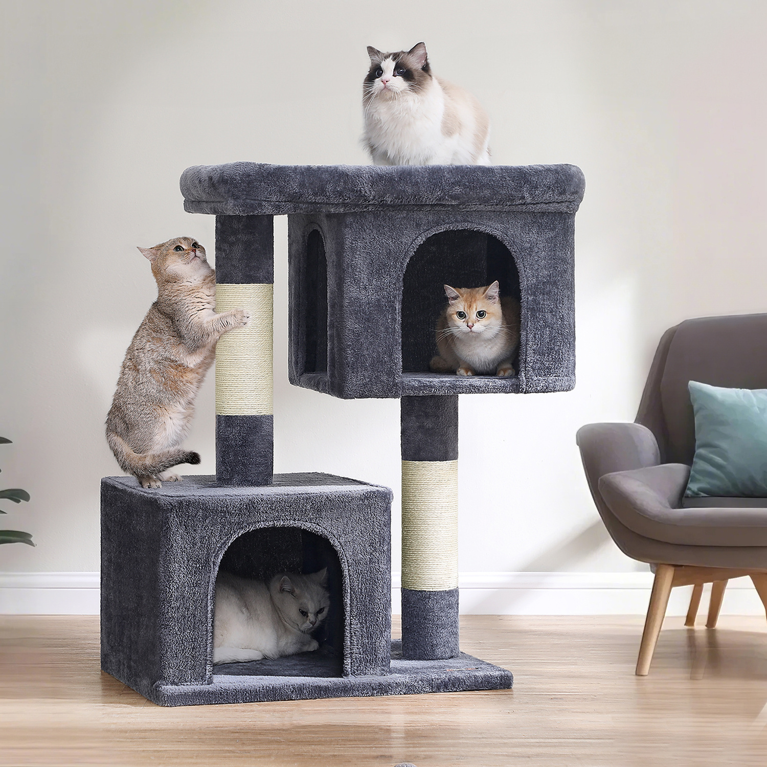 Image of 101 Cm Tall Cat Tree With Large Platform, 2 Cat Caves, Sisal Posts, And Cat House