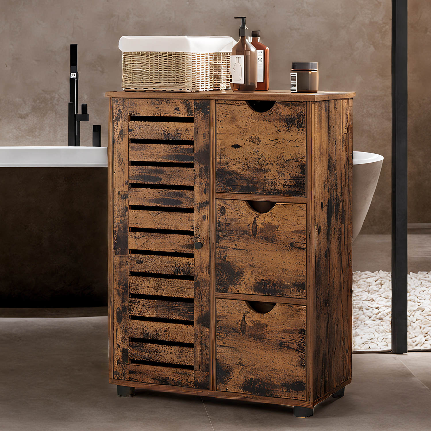 E-shop Badezimmerschrank, schmaler Badschrank, Beistellschrank, mit 3 Schubladen, Schranktür, verstellbare Ablage, vintagebraun