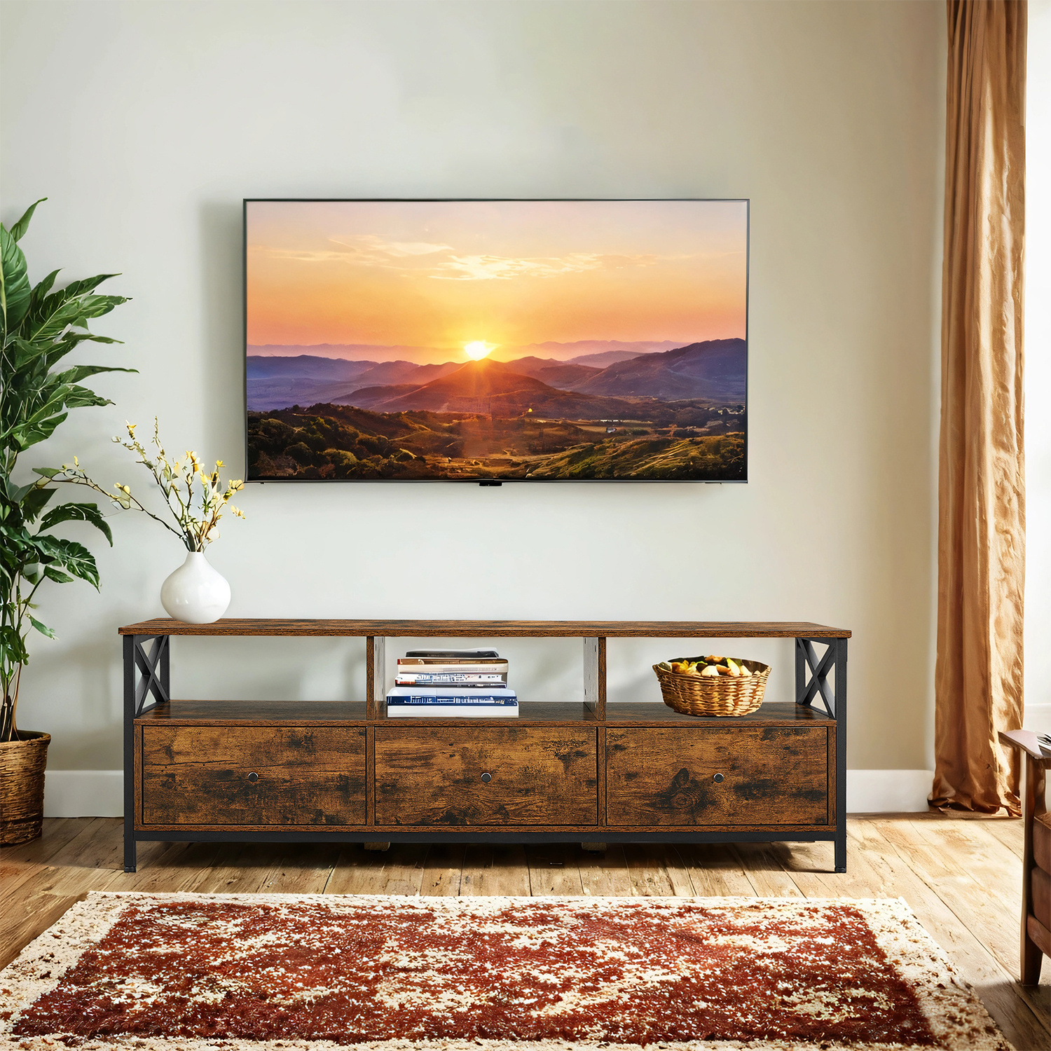 Image of Tv Cabinet, Lowboard For Tvs Up To 65 Inches, Tv Table With 3 Drawers, 3 Open Compartments, 40 X 147 X 50 Cm, Brown-black