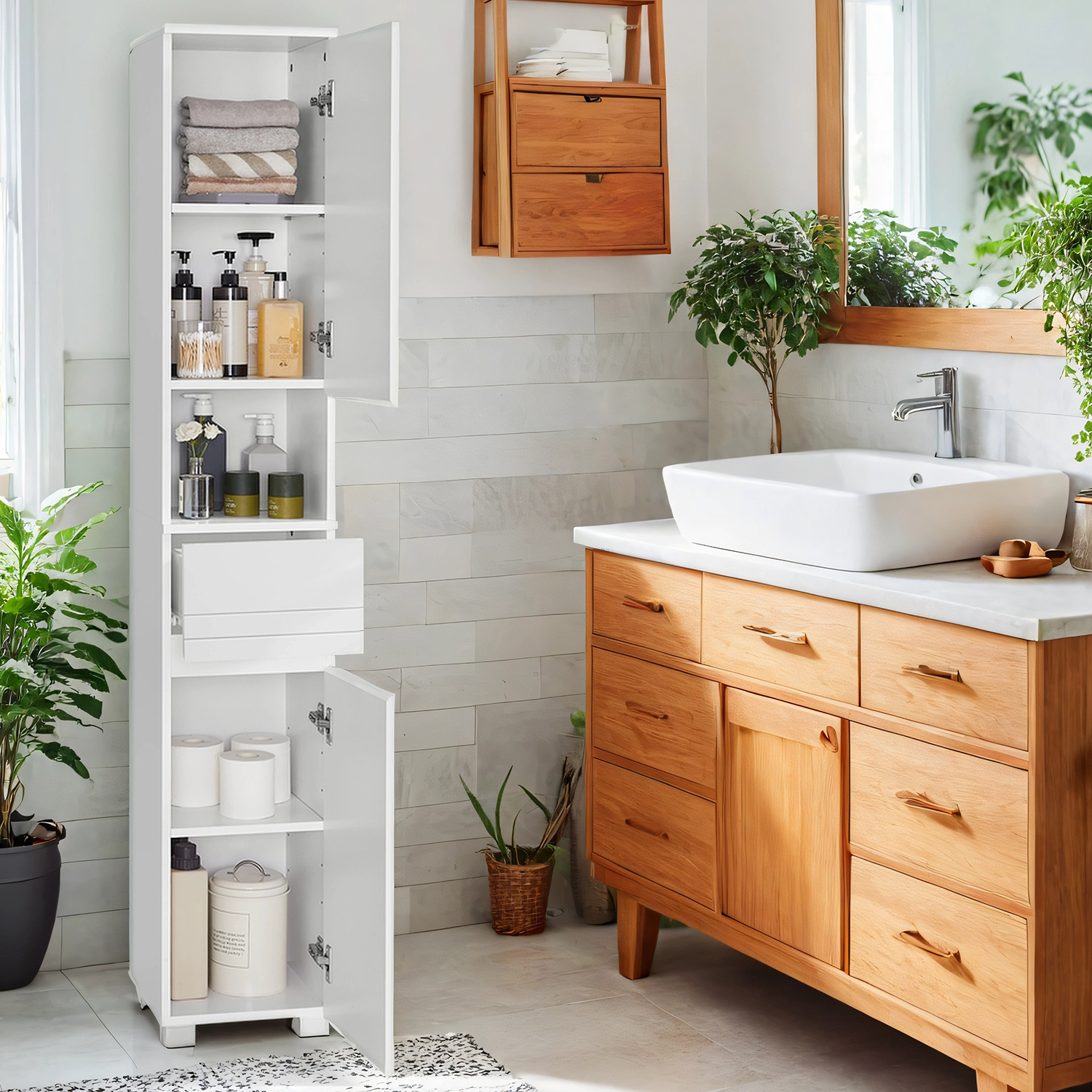 Bathroom Cabinet, Bathroom Furniture With 1 Drawer, Adjustable Shelves, Open Compartment, 30 X 30 X 170 Cm