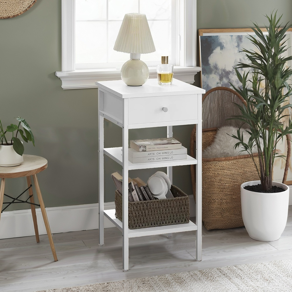 Nightstand, Side Table, Drawer And Open Shelves, 1 Adjustable Shelf, Space-, Adjustable Feet