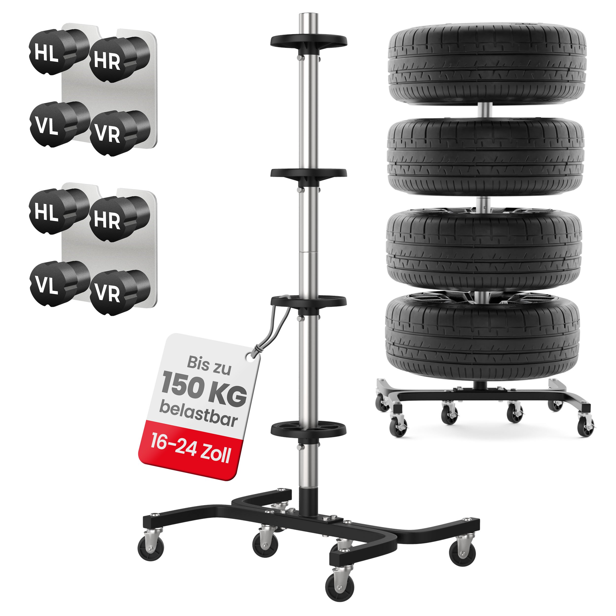 Image of Xl With Rollers For 4 Car Tires Up To 295 Mm (16-24 Inches) - Drivable Tire Stand Up To 150 Kg With Parking Brake & 8 Tire Markers - Stable & Rim-protecting Tire Storage For Suv & Passenger