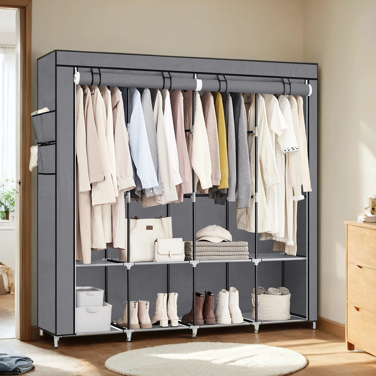 Image of Cabinet, Fabric Wardrobe, Space, 170 X 45 X 167 Cm, With 4 Hanging Sections, Shelves, 4 Side Pockets, Suitable For Living Room, Bedroom, Gray