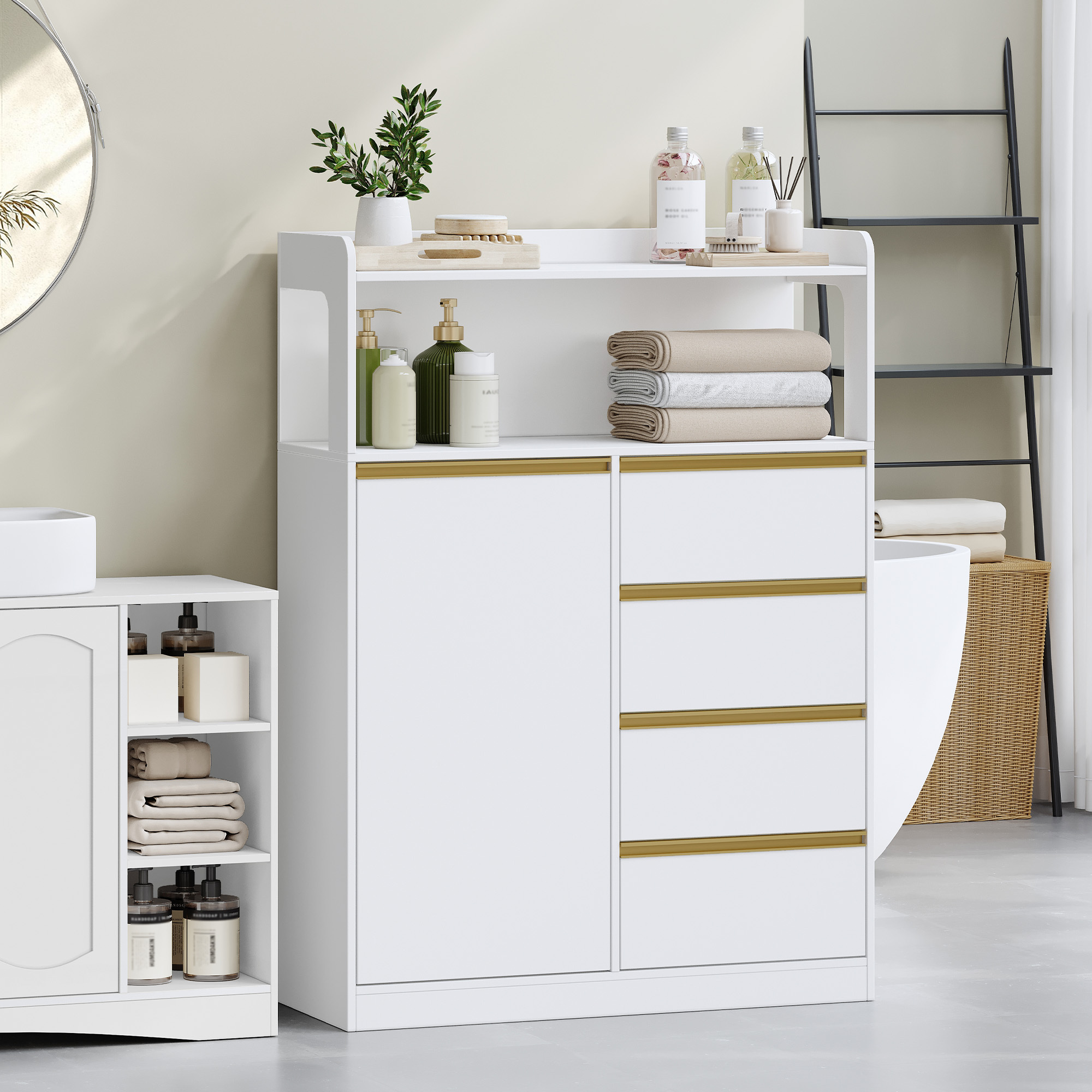 Image of Bathroom Cabinet, Kitchen Cabinet, Storage Cabinet With 4 Drawers And Open Shelf, Tall Bathroom Cabinet, Adjustable Shelf, For Bathroom, Living Room, White, 30 X 80 X 110 Cm