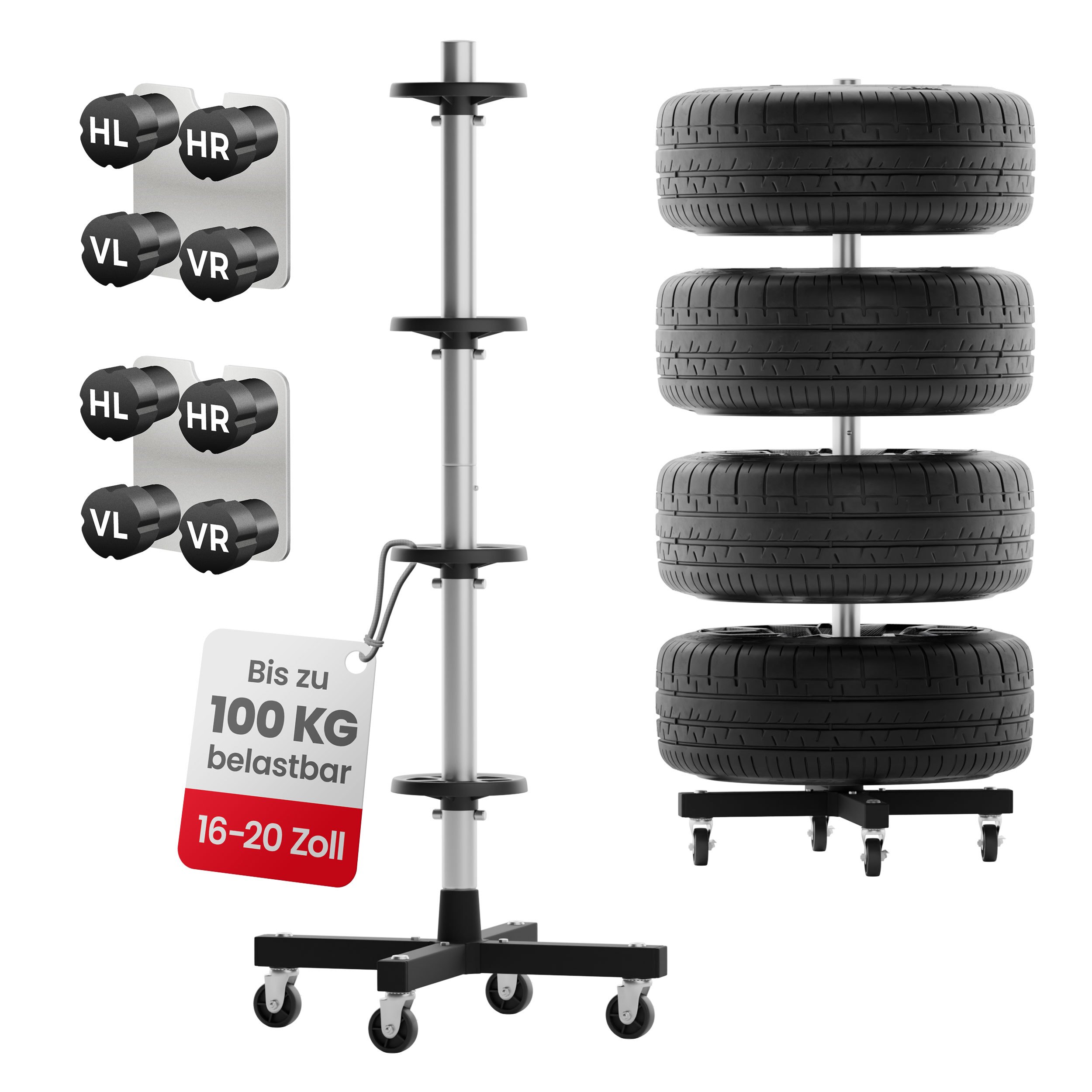 E-shop mit Rollen für 4 Autoreifen bis 225 mm – fahrbarer Reifenständer 16–20 Zoll mit Feststellbremse & 8 Reifenmarkierern – stabile Aufbewahrung für