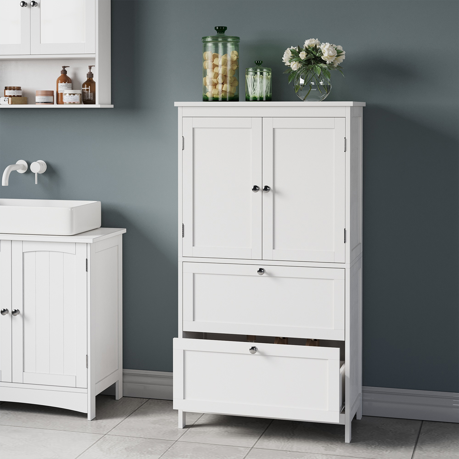 Bathroom Cabinet, Kitchen Cabinet With 2 Doors And 2 Drawers, Adjustable Shelf